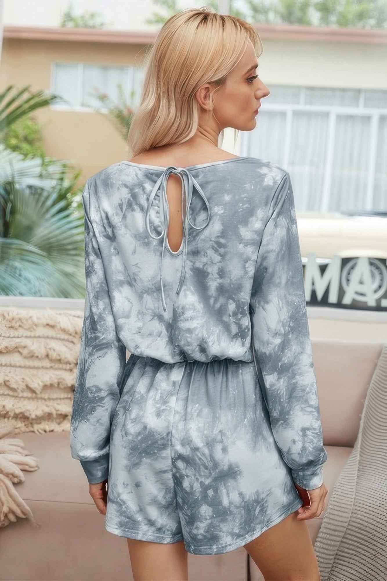 Tie Dye Round Neck Drawstring Romper