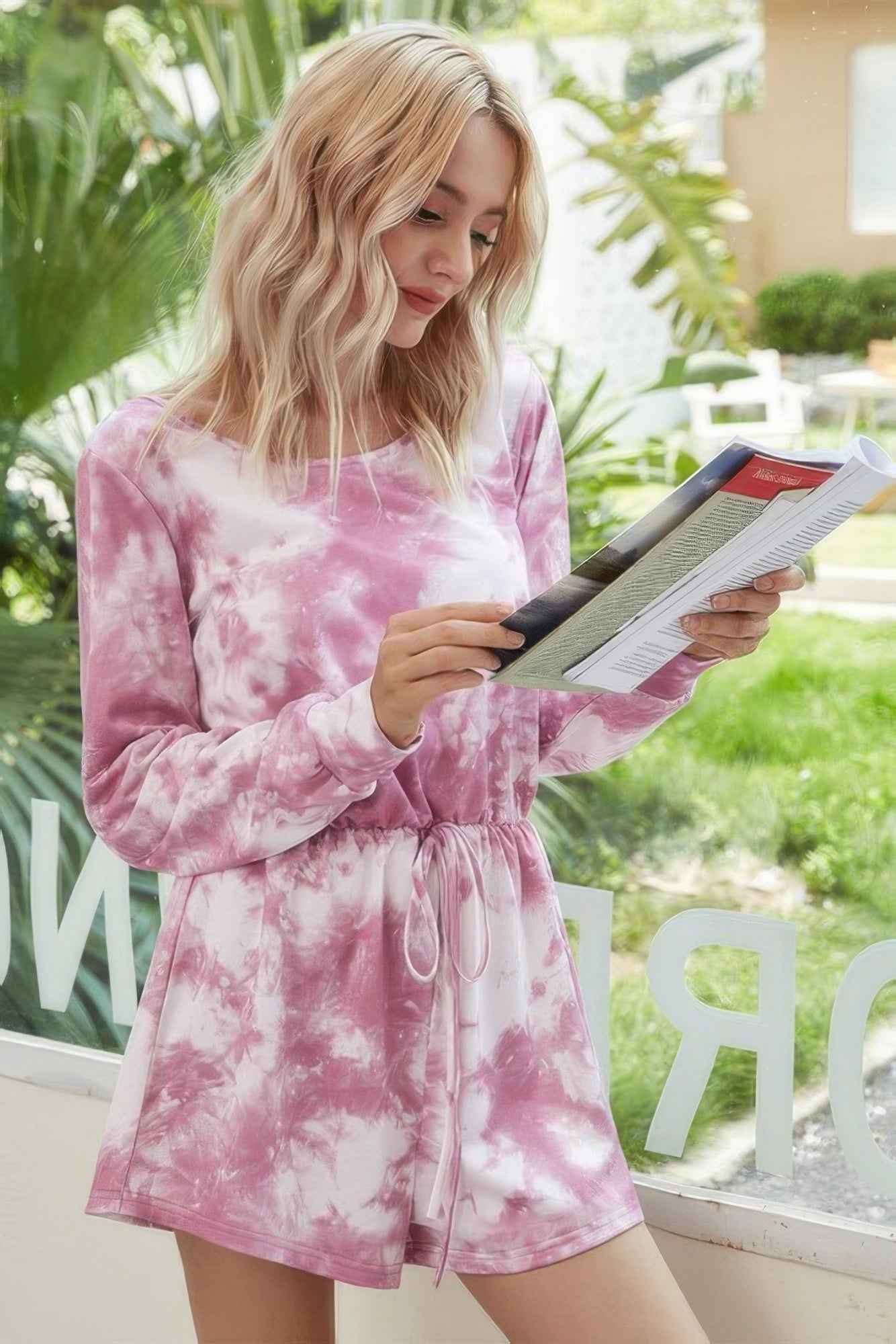 Tie Dye Round Neck Drawstring Romper