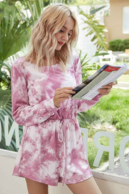 Tie Dye Round Neck Drawstring Romper