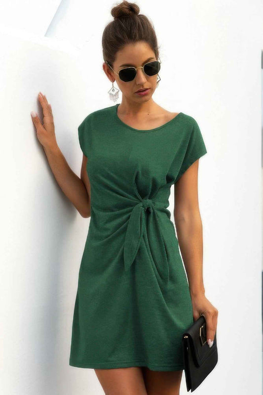 Solid Twist Knot Front Short Sleeve Tee Fit Dress