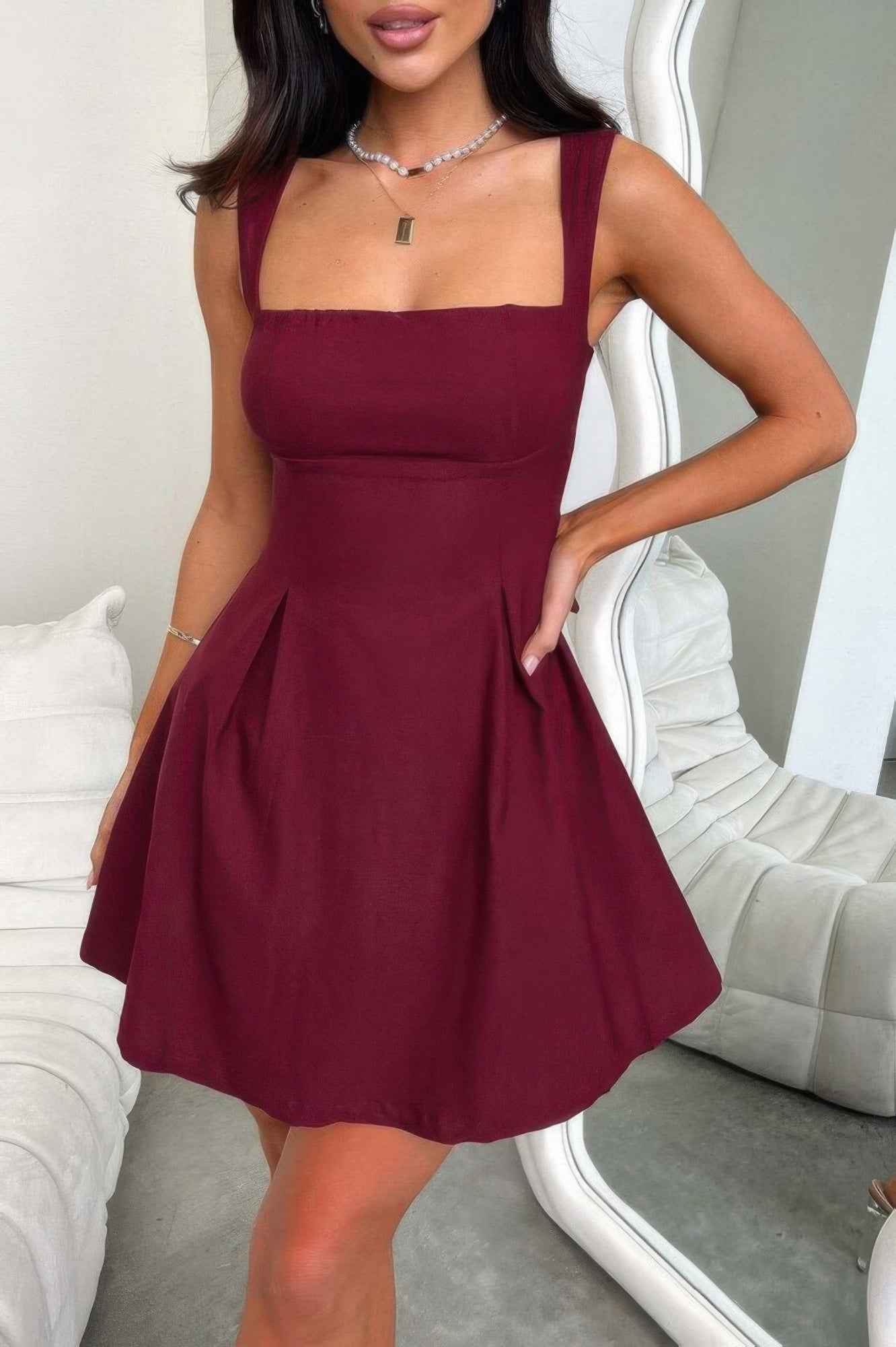 Solid Sleeveless Fit Wide Strap A Line Dress
