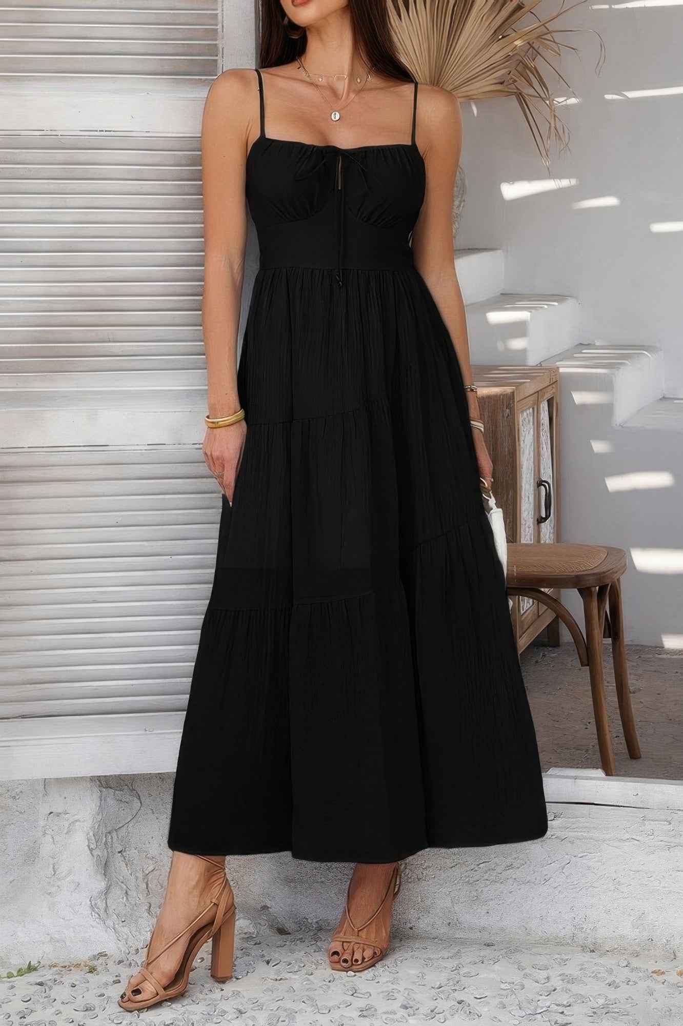 Solid Sleeveless Smocked Tiered Maxi Cami Dress