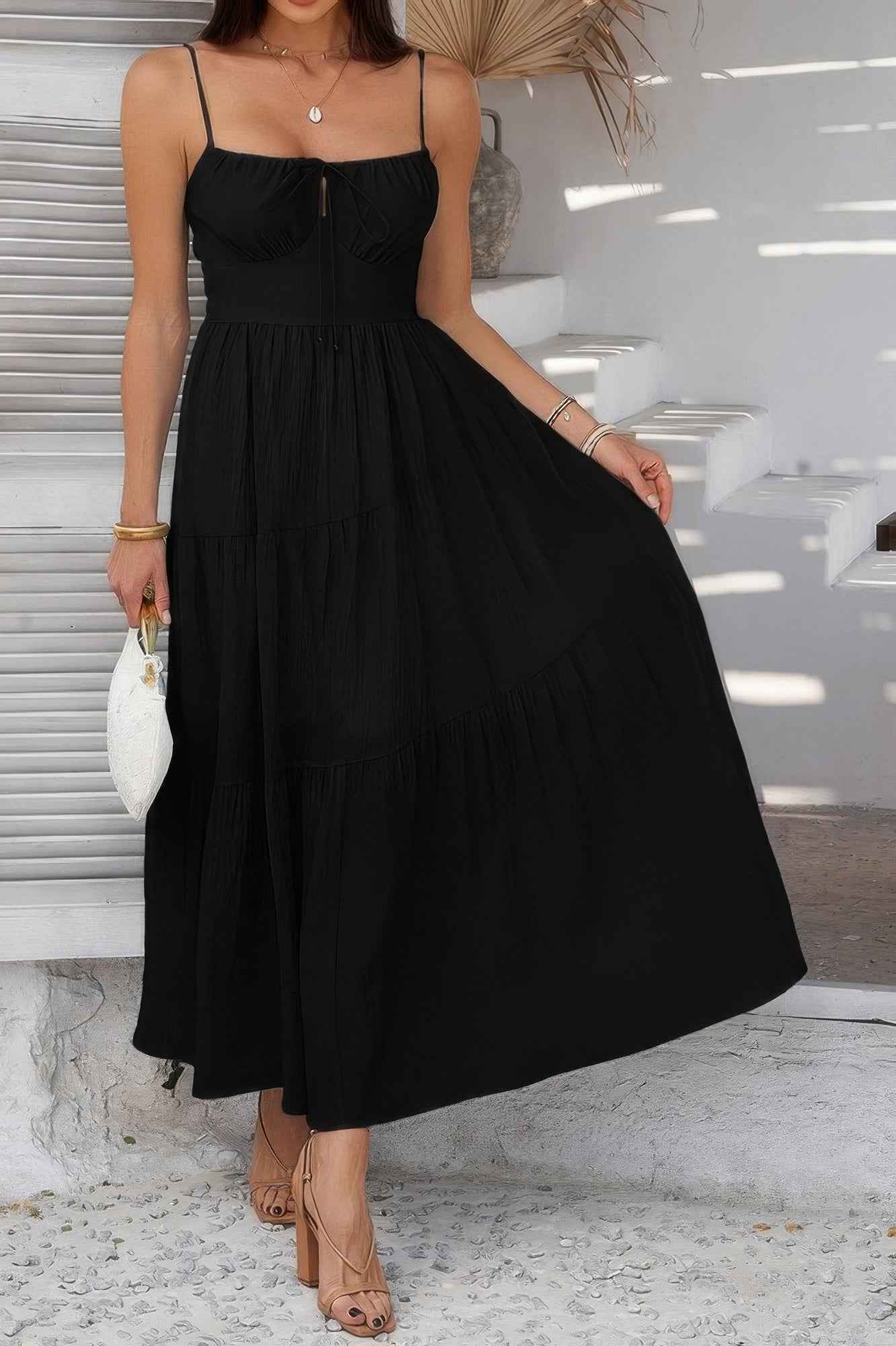 Solid Sleeveless Smocked Tiered Maxi Cami Dress