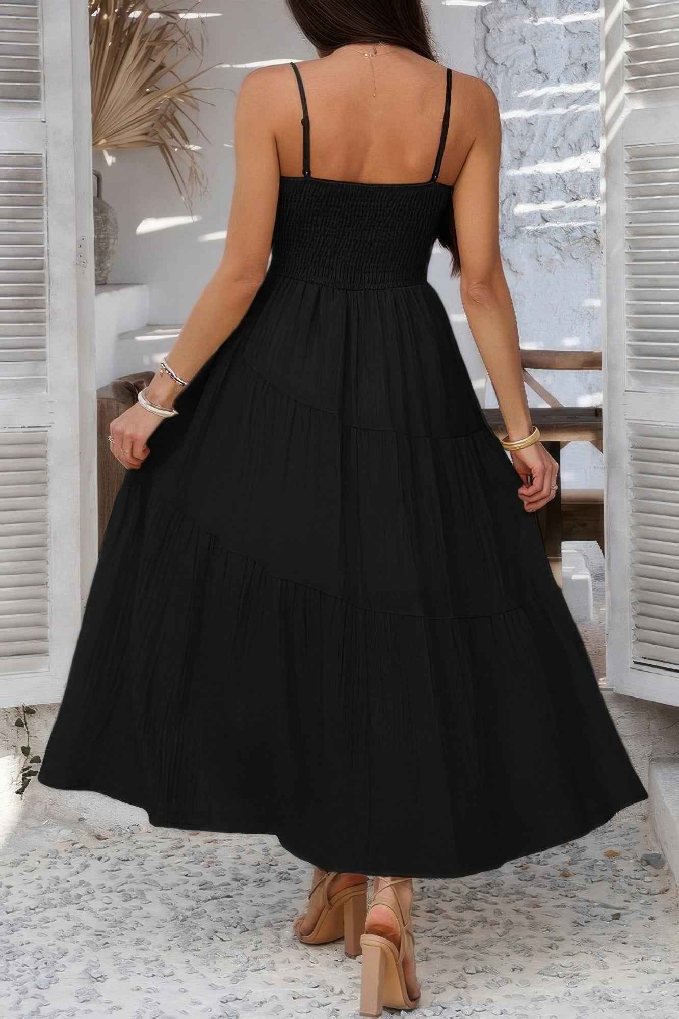 Solid Sleeveless Smocked Tiered Maxi Cami Dress