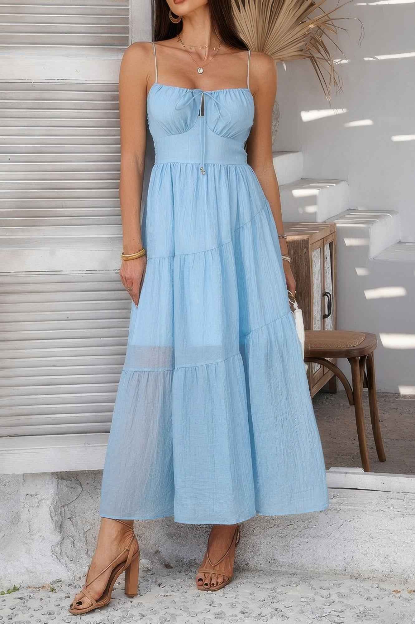 Solid Sleeveless Smocked Tiered Maxi Cami Dress