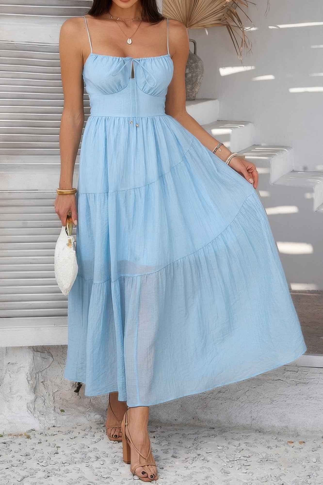 Solid Sleeveless Smocked Tiered Maxi Cami Dress