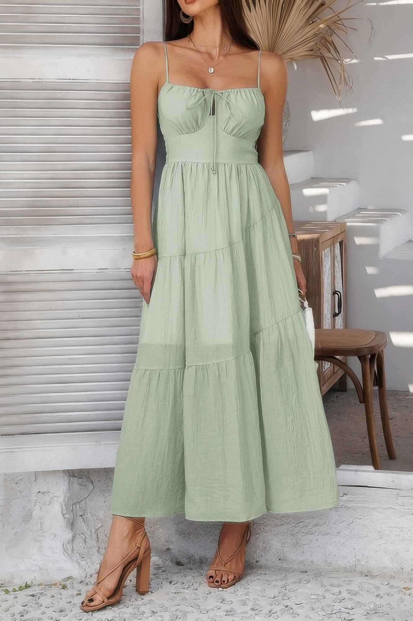 Solid Sleeveless Smocked Tiered Maxi Cami Dress