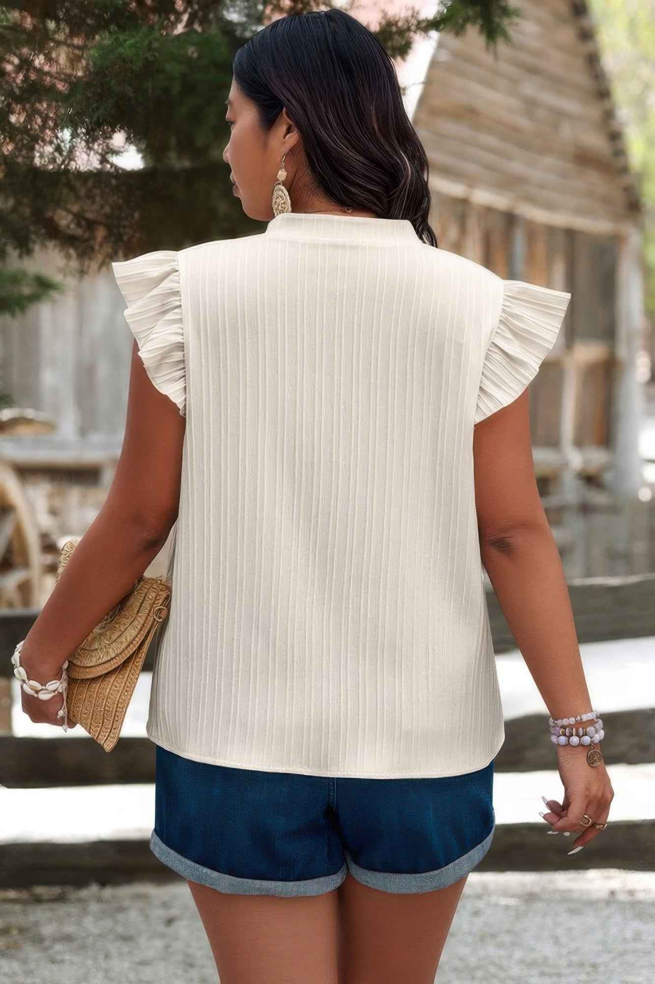 Plus Size Pleated Print V Neck Ruffle Fit Shirt