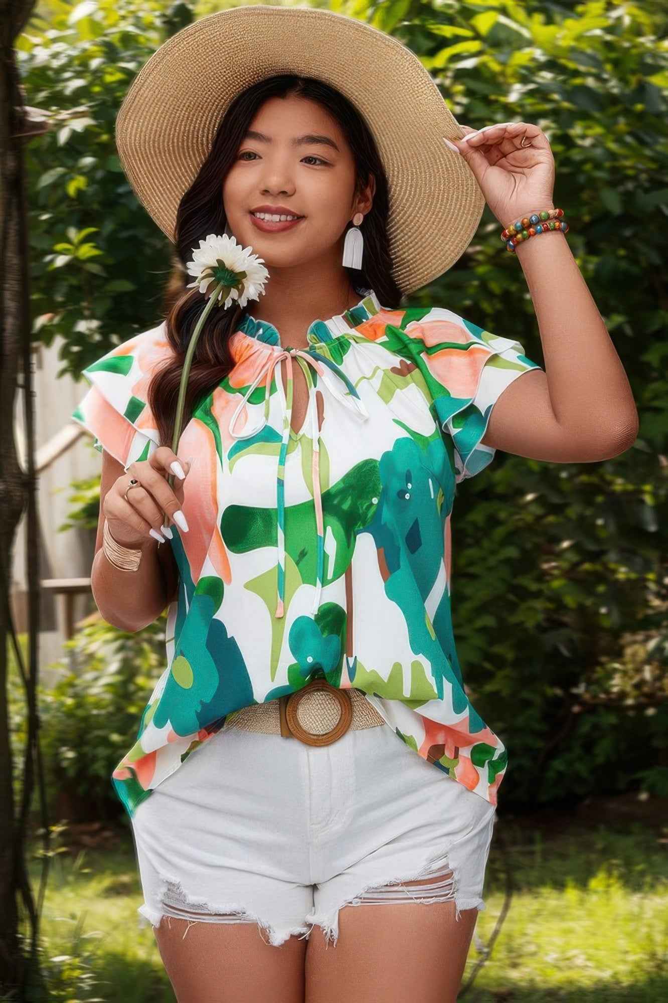 Plus Size Print Knot Neck Ruffle Fit Top