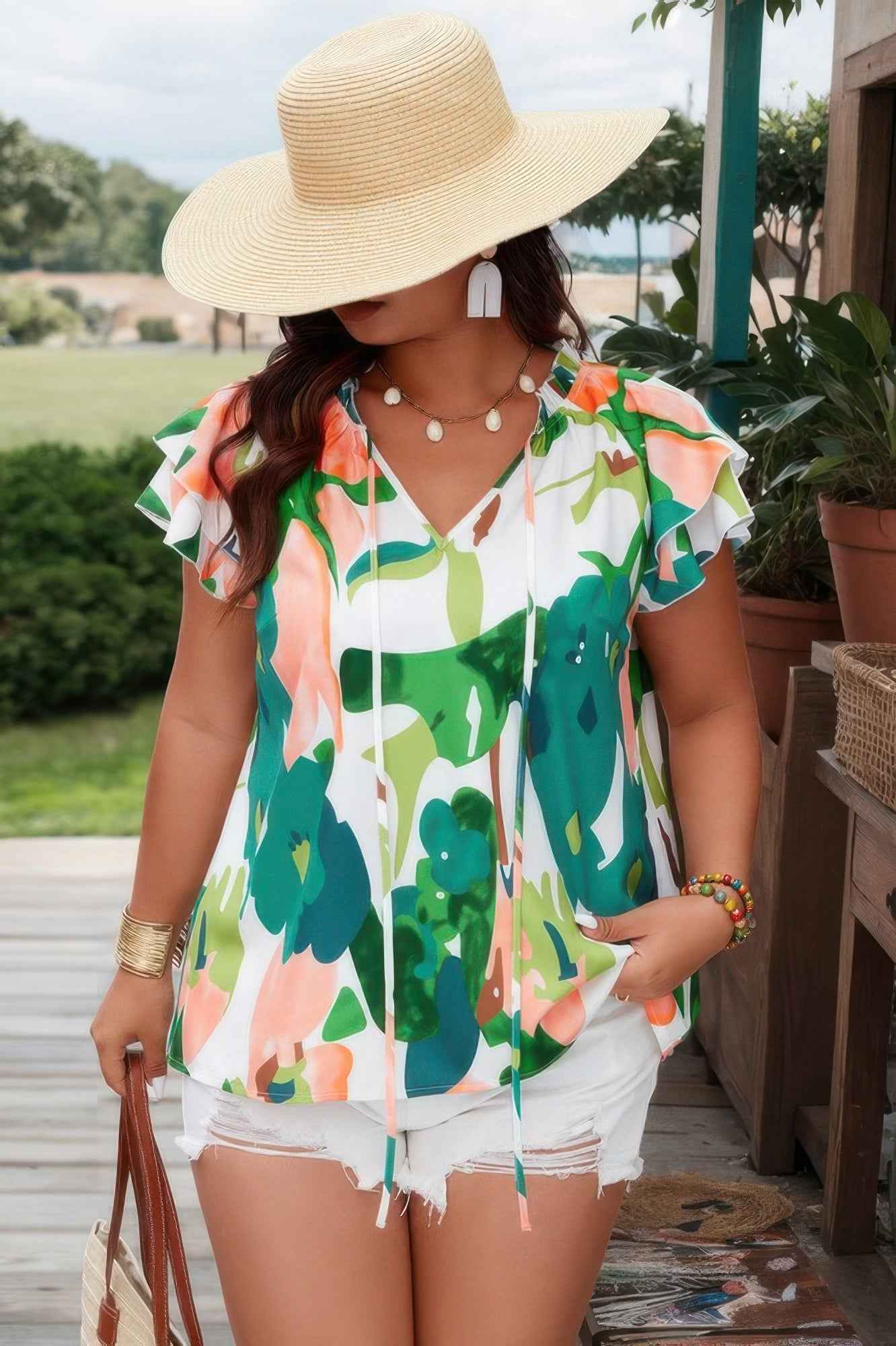 Plus Size Print Knot Neck Ruffle Fit Top