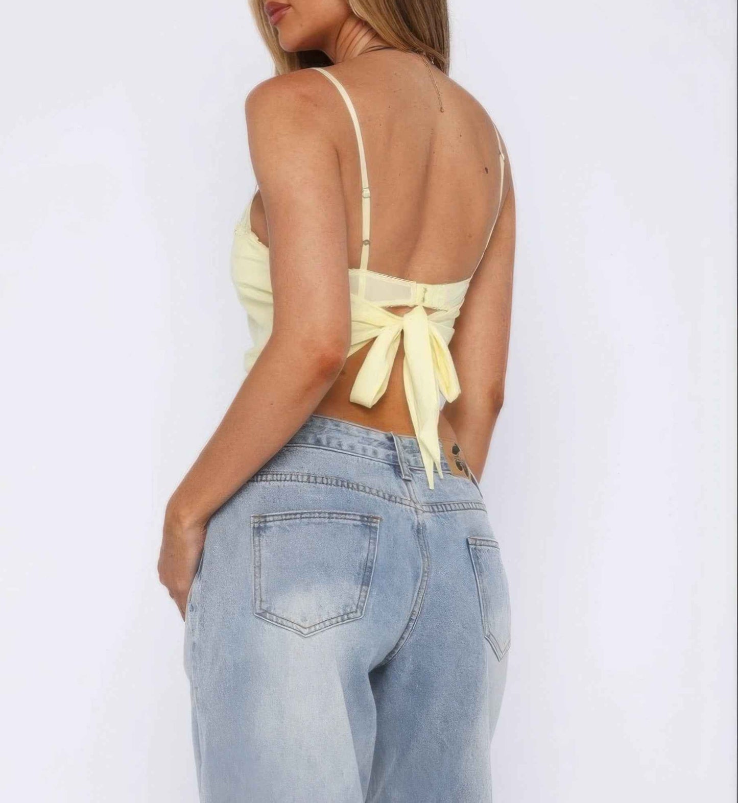 Solid Back Knot Lace Trim Sleeveless Shirt