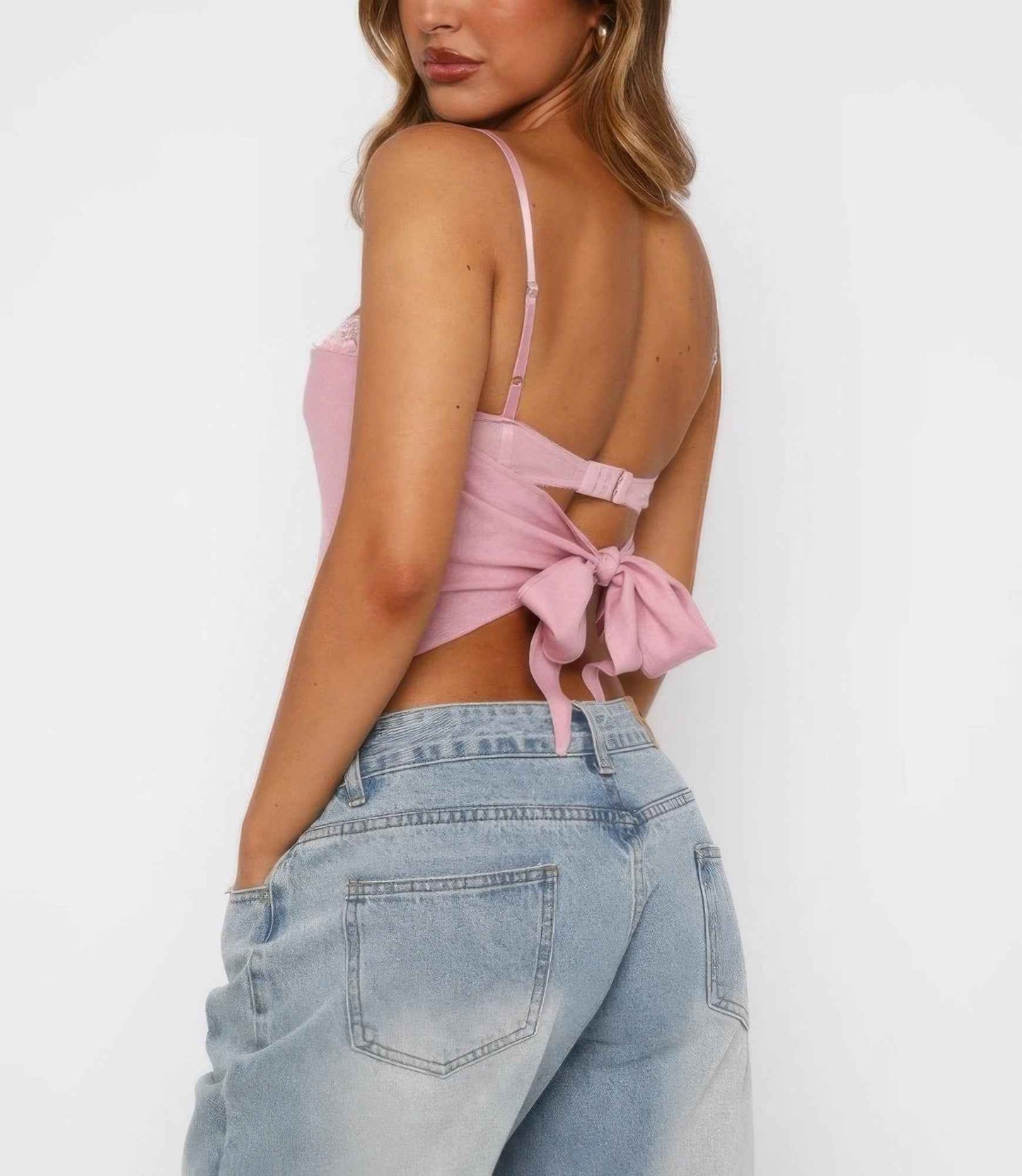 Solid Back Knot Lace Trim Sleeveless Shirt