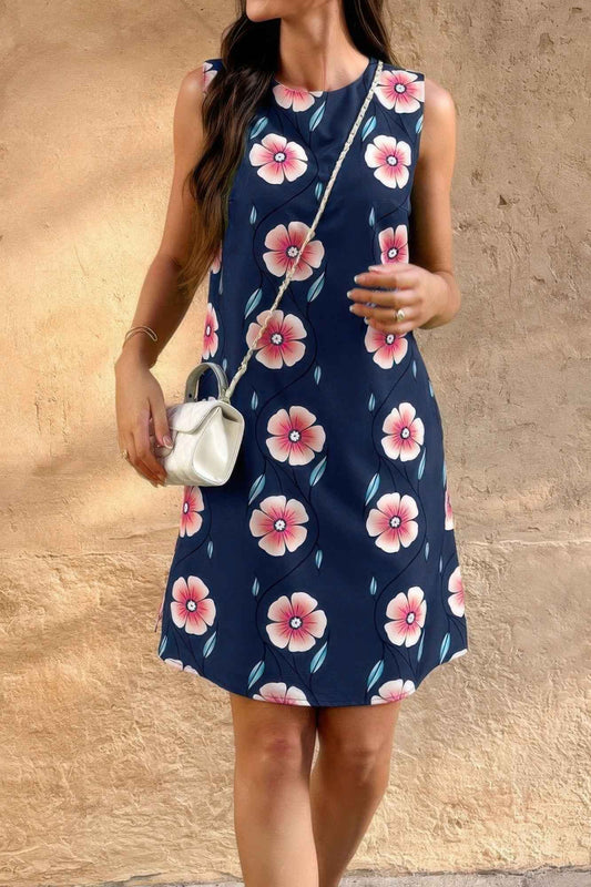 Round Neck Floral Print Sleeveless Loose Dress