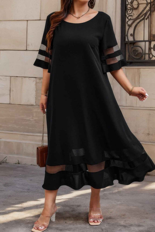 Plus Size Mesh Splicing Round Neck Long Dress