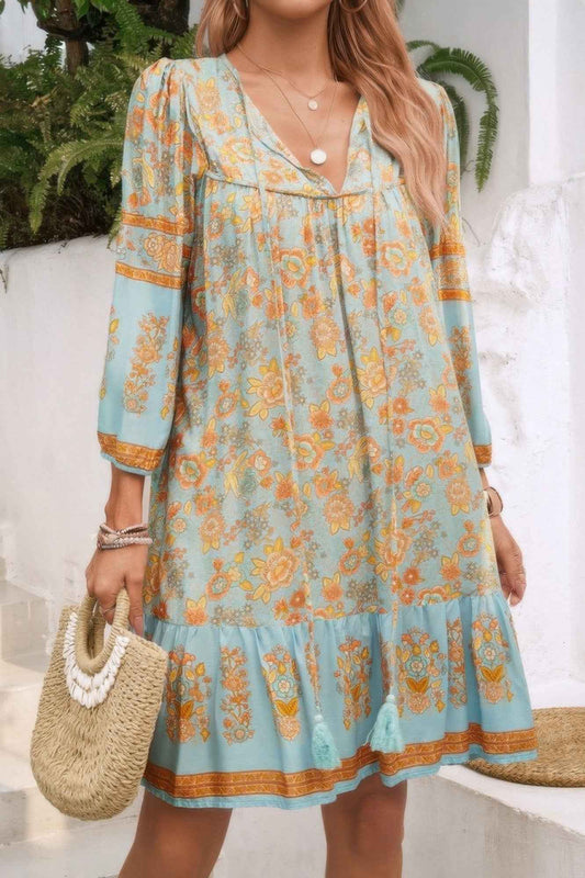 Ruched Bohe Print V Neck Ruffle Hem Tassel Dress