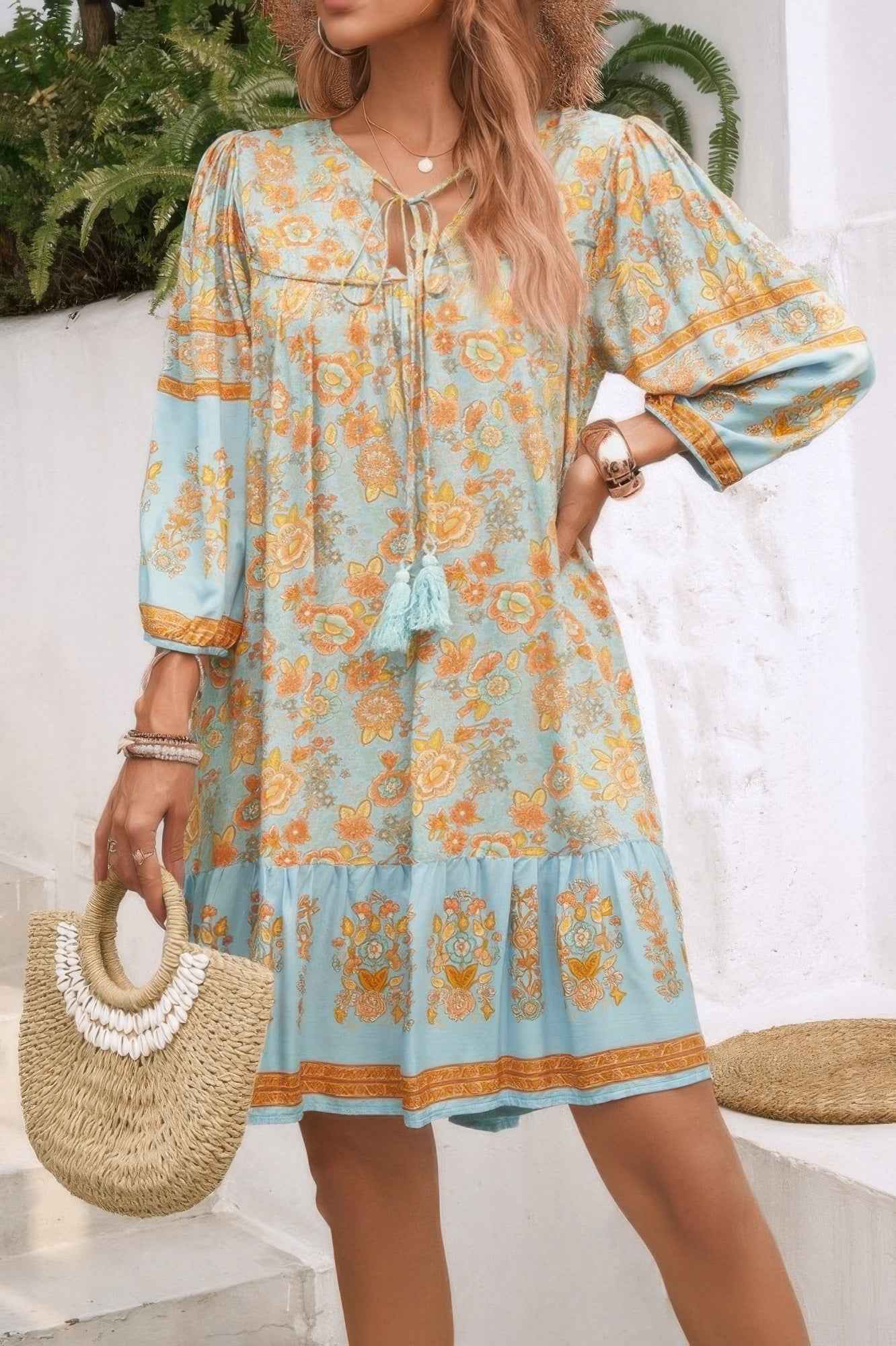 Ruched Bohe Print V Neck Ruffle Hem Tassel Dress