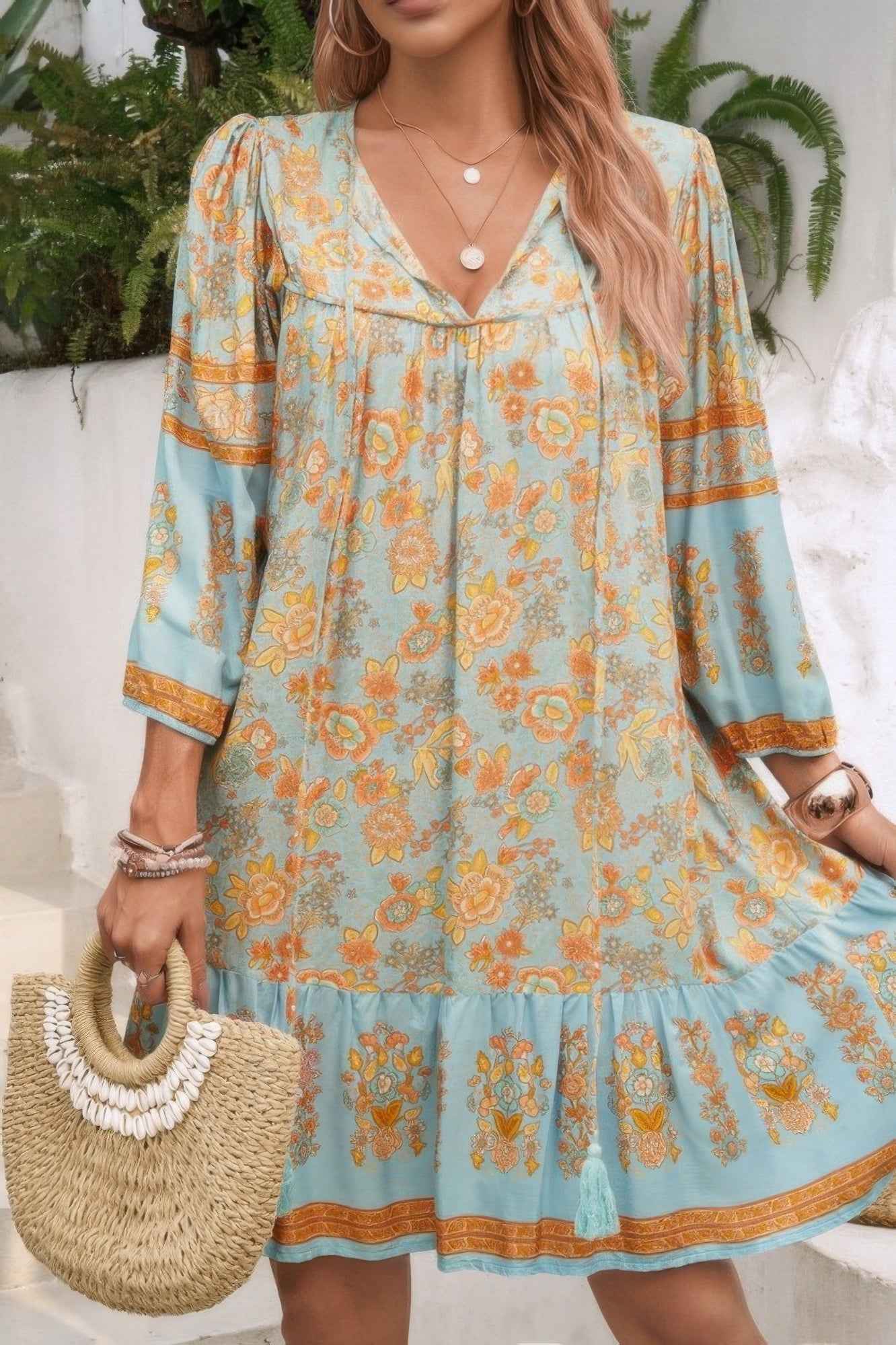 Ruched Bohe Print V Neck Ruffle Hem Tassel Dress