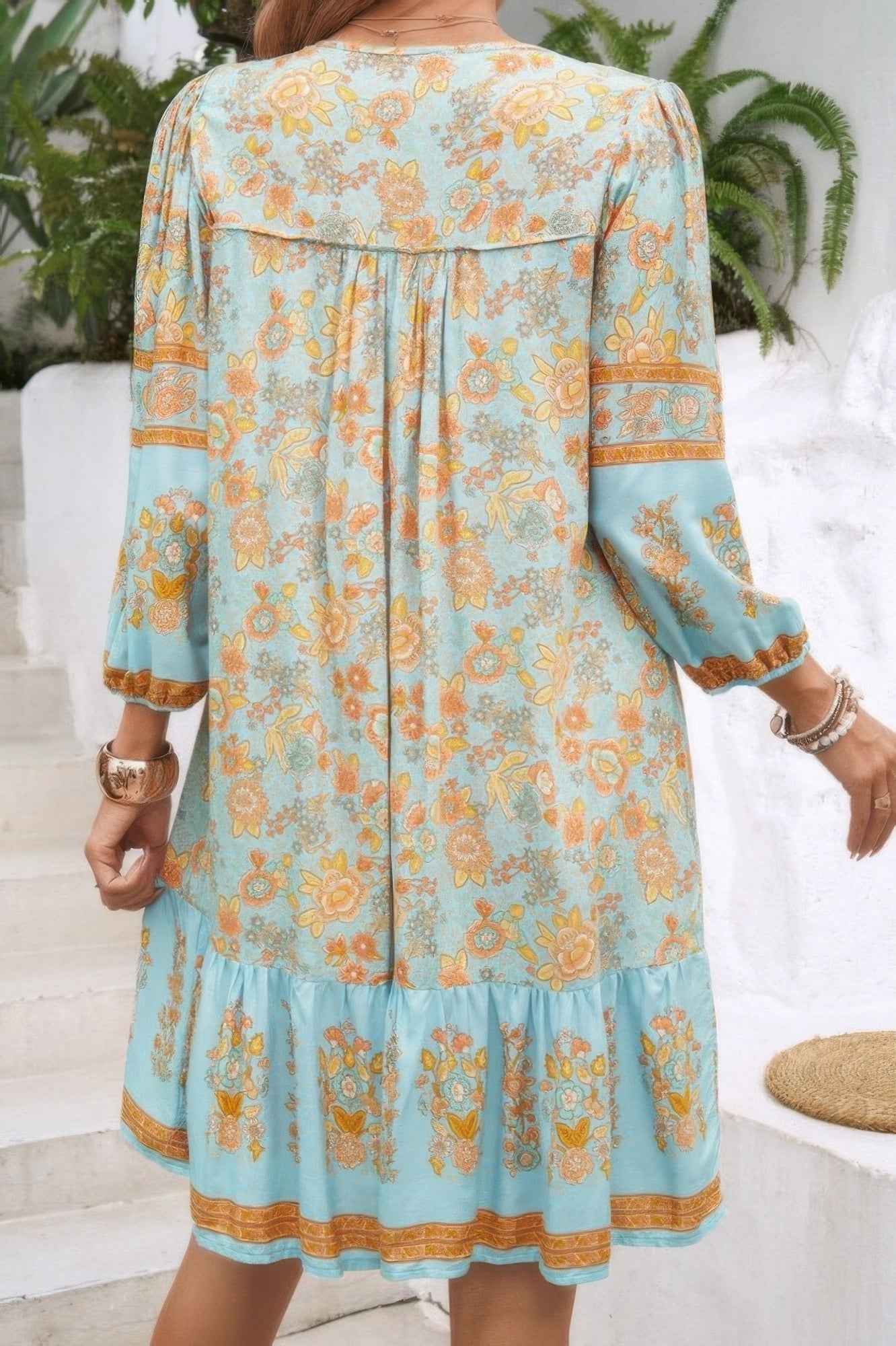 Ruched Bohe Print V Neck Ruffle Hem Tassel Dress