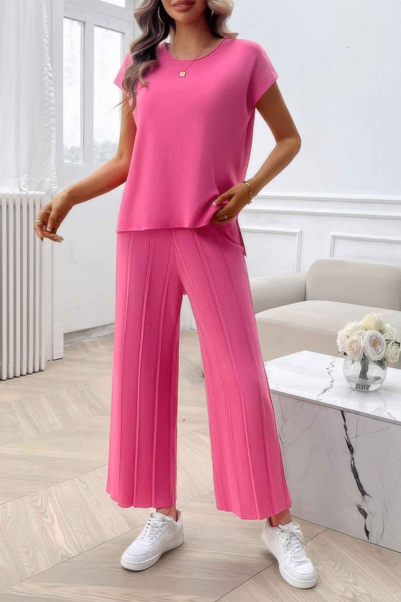 Two Pieces Short Sleeve Outfit Pullover Wide Leg Set