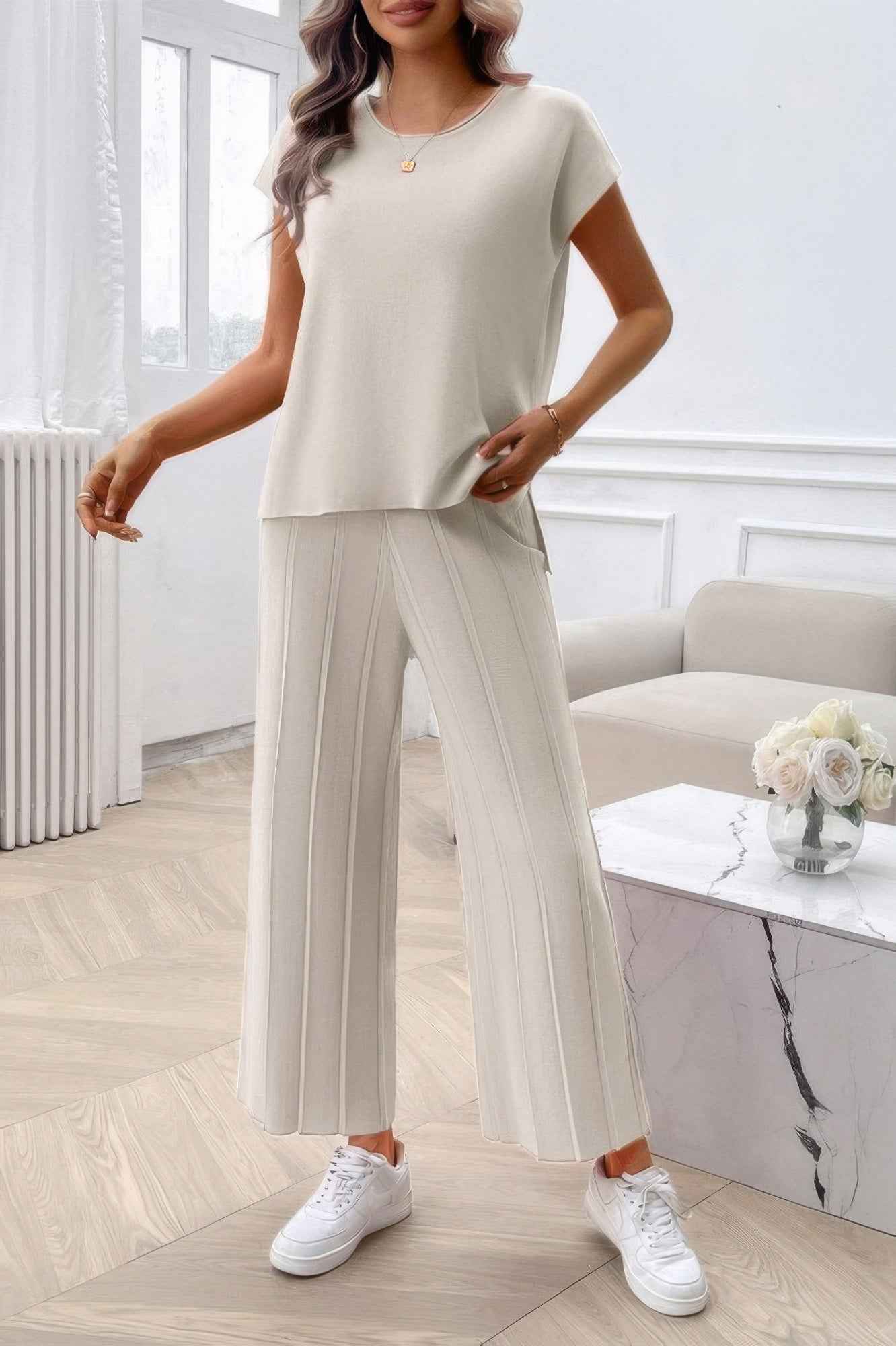 Two Pieces Short Sleeve Outfit Pullover Wide Leg Set