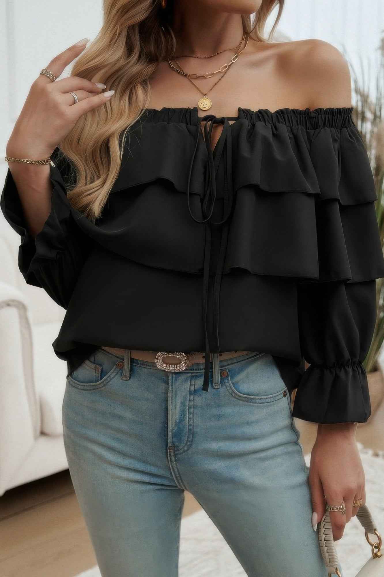 Tiered Ruffles Drawstring Ruched Neck Blouse