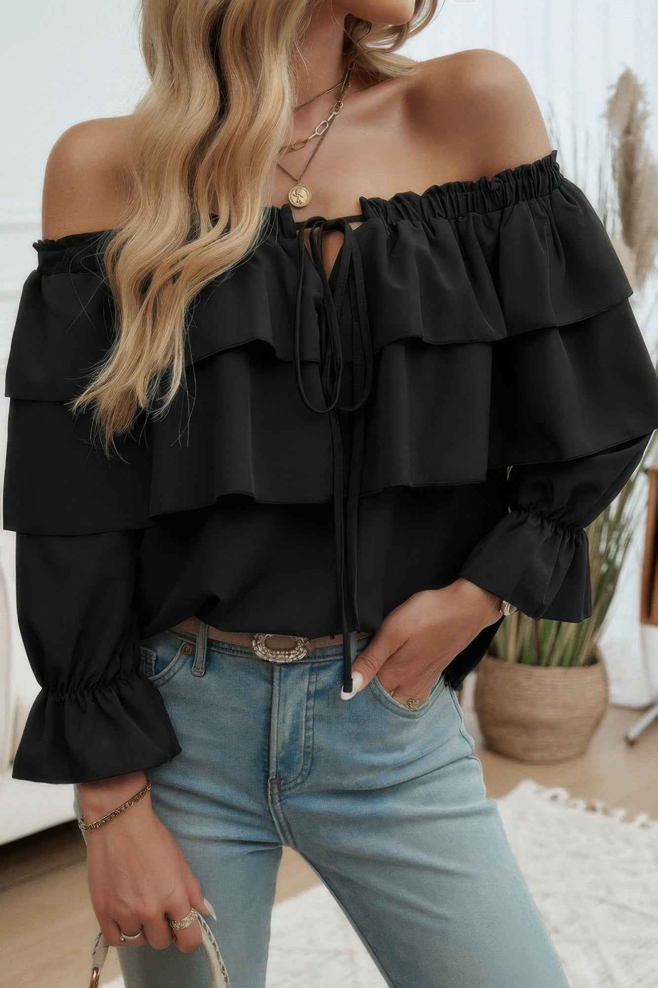 Tiered Ruffles Drawstring Ruched Neck Blouse
