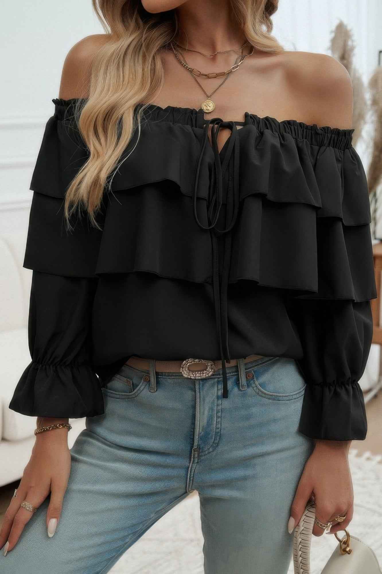 Tiered Ruffles Drawstring Ruched Neck Blouse