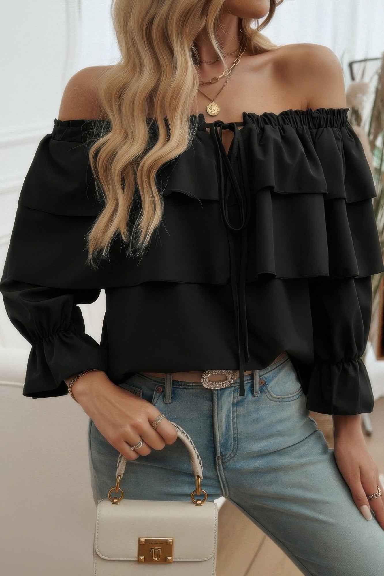 Tiered Ruffles Drawstring Ruched Neck Blouse