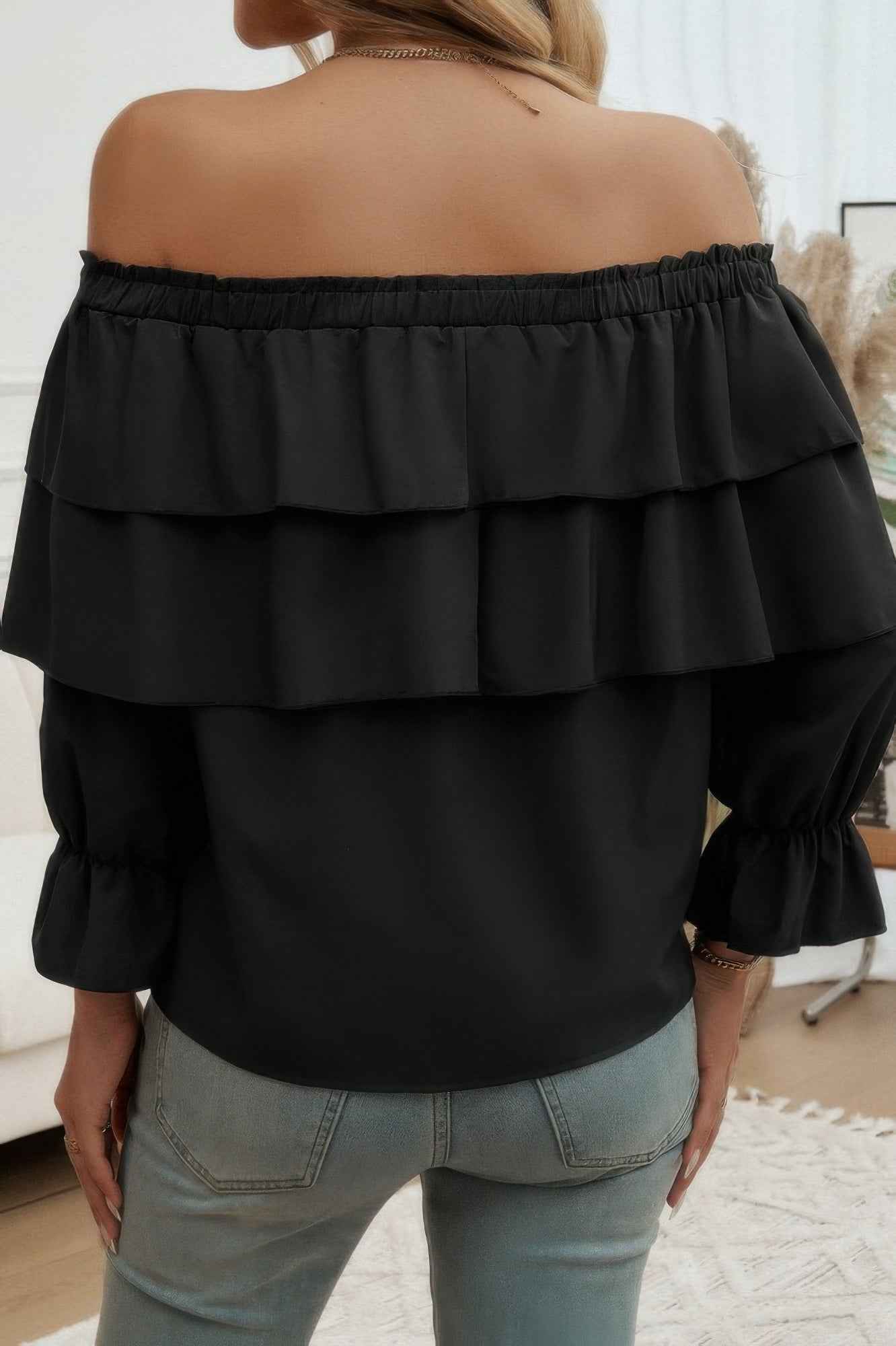 Tiered Ruffles Drawstring Ruched Neck Blouse