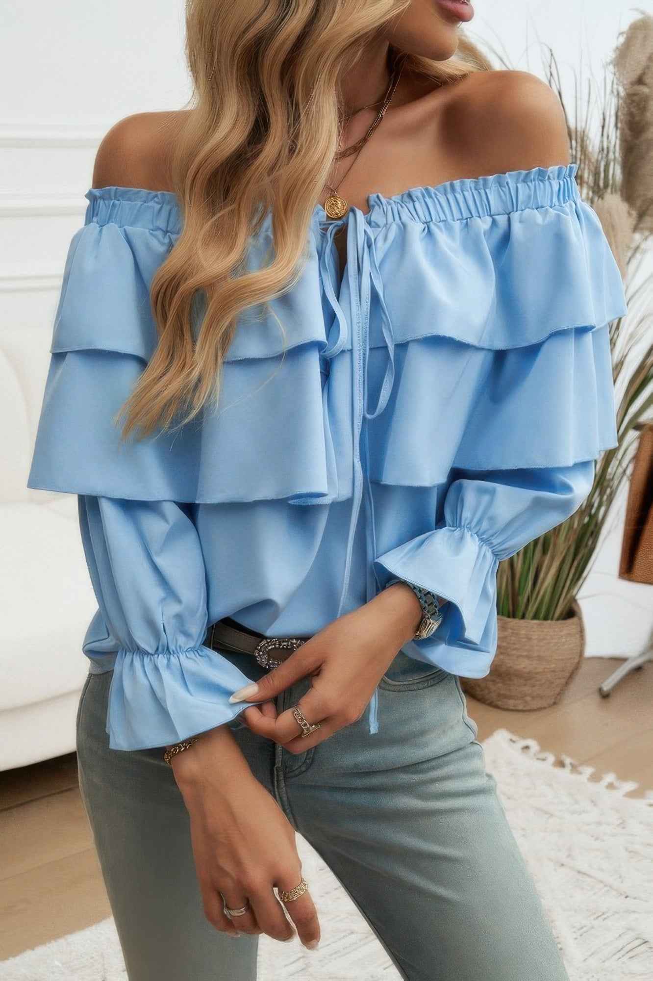 Tiered Ruffles Drawstring Ruched Neck Blouse