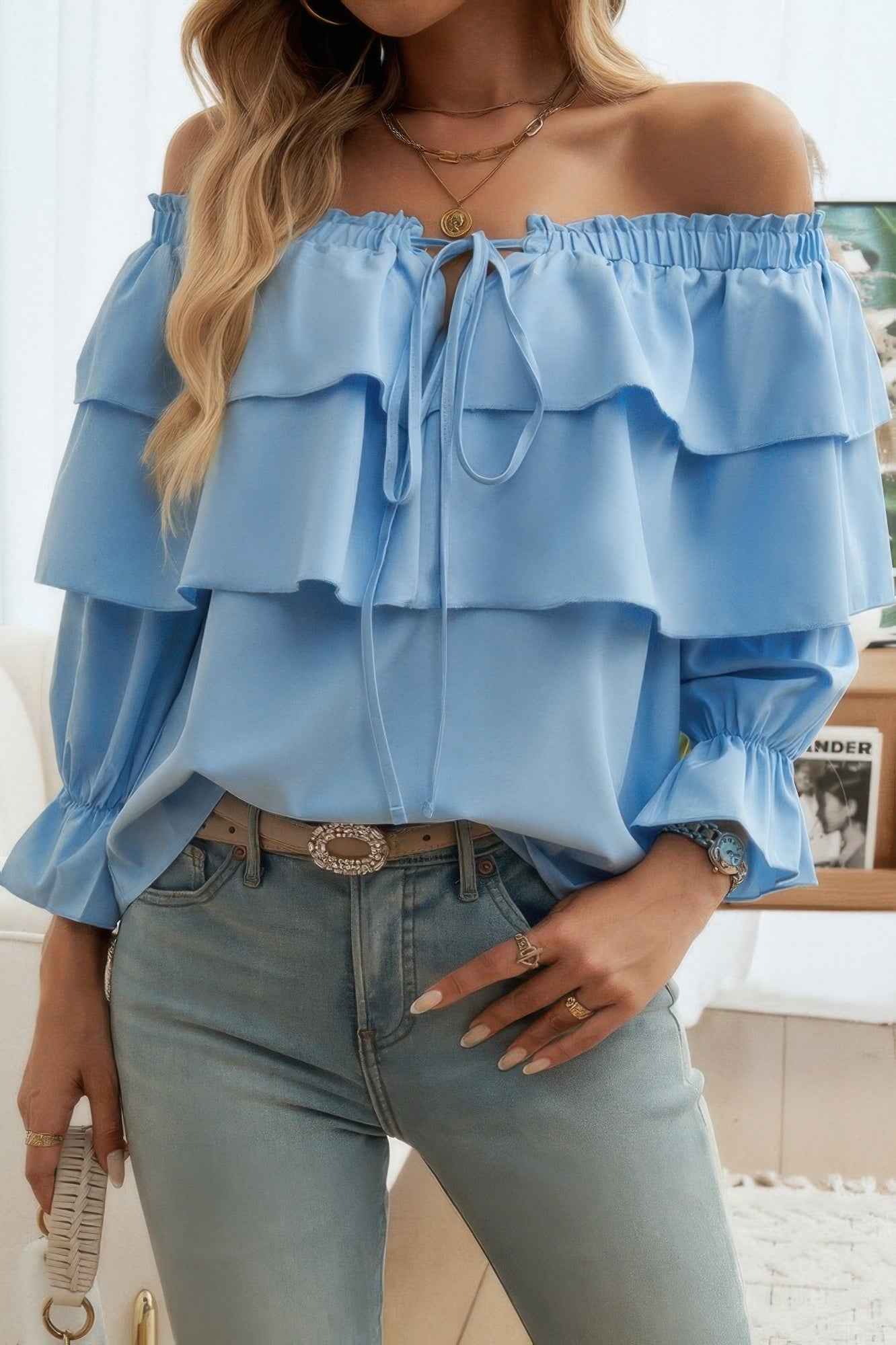 Tiered Ruffles Drawstring Ruched Neck Blouse