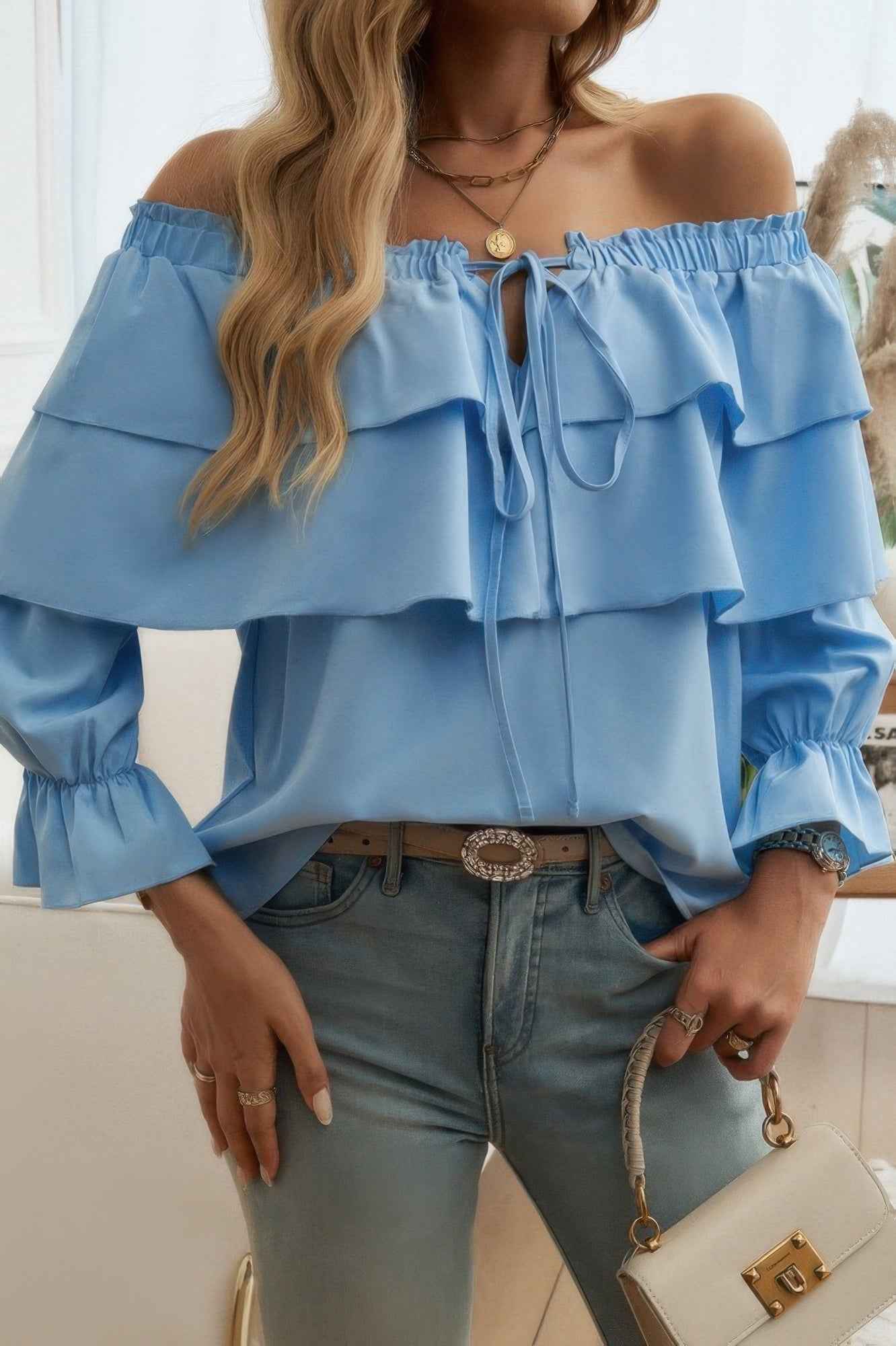 Tiered Ruffles Drawstring Ruched Neck Blouse