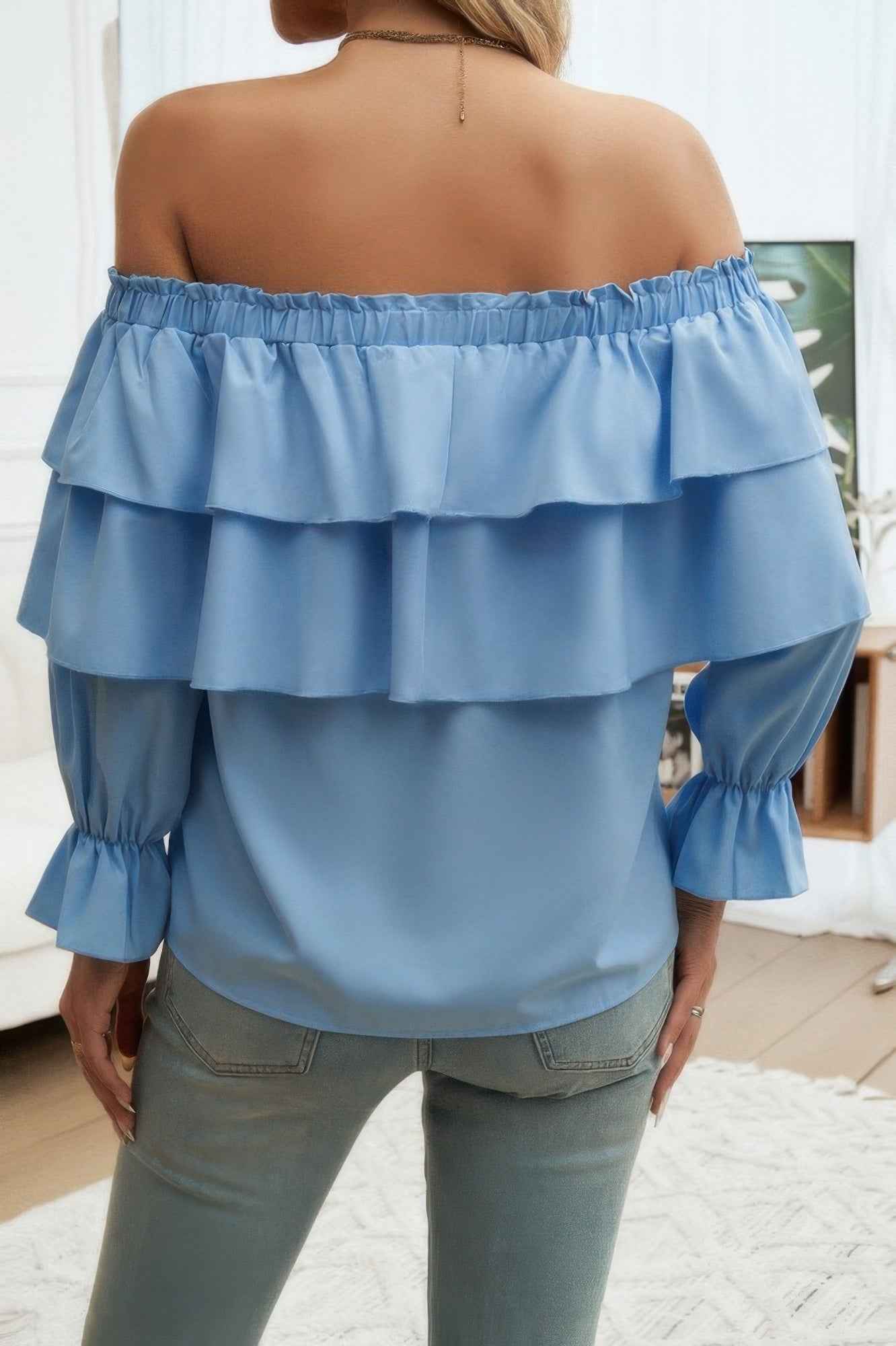 Tiered Ruffles Drawstring Ruched Neck Blouse