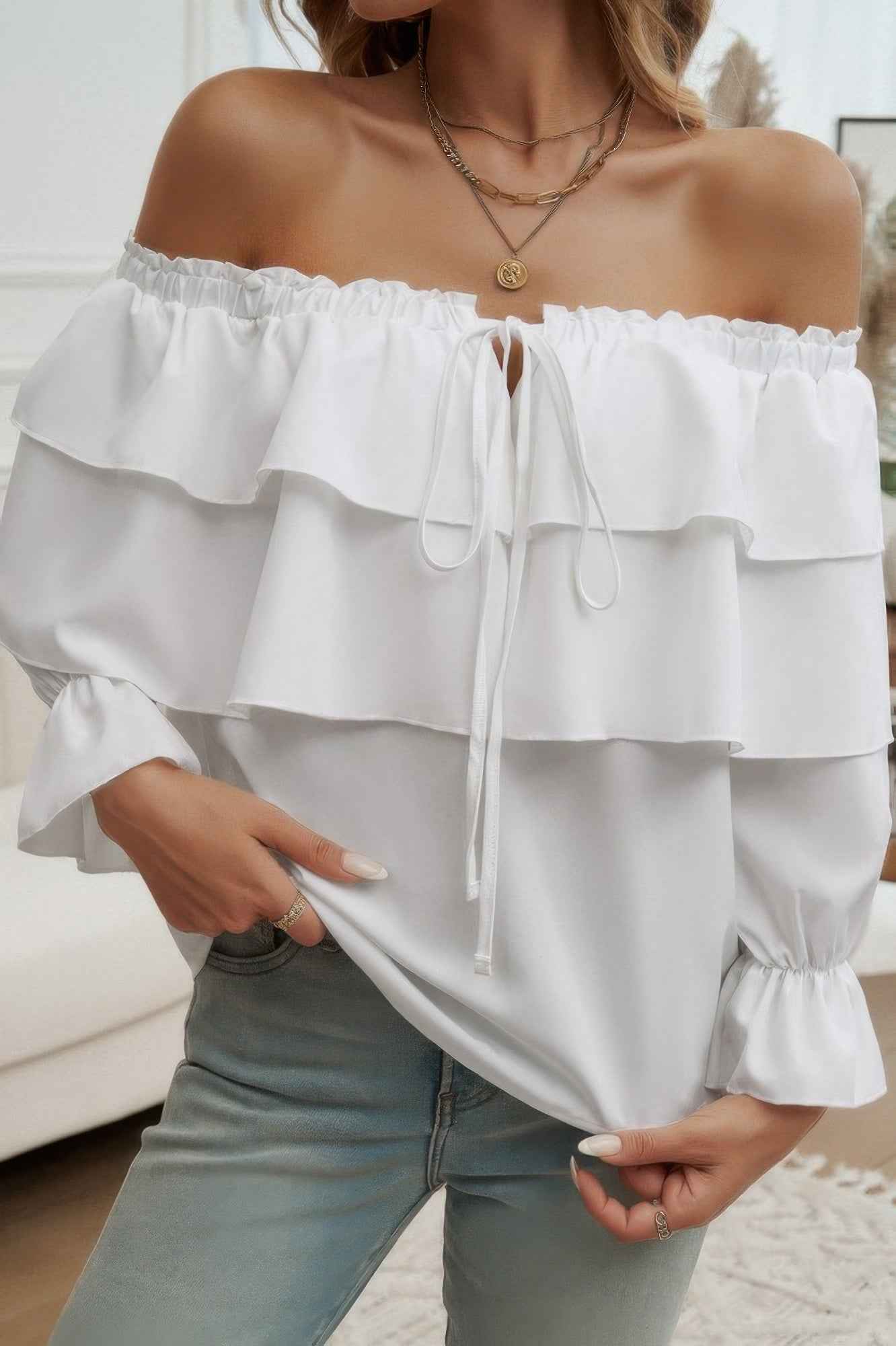 Tiered Ruffles Drawstring Ruched Neck Blouse