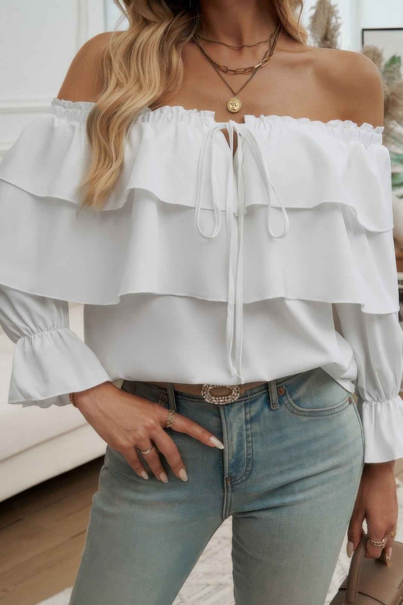 Tiered Ruffles Drawstring Ruched Neck Blouse