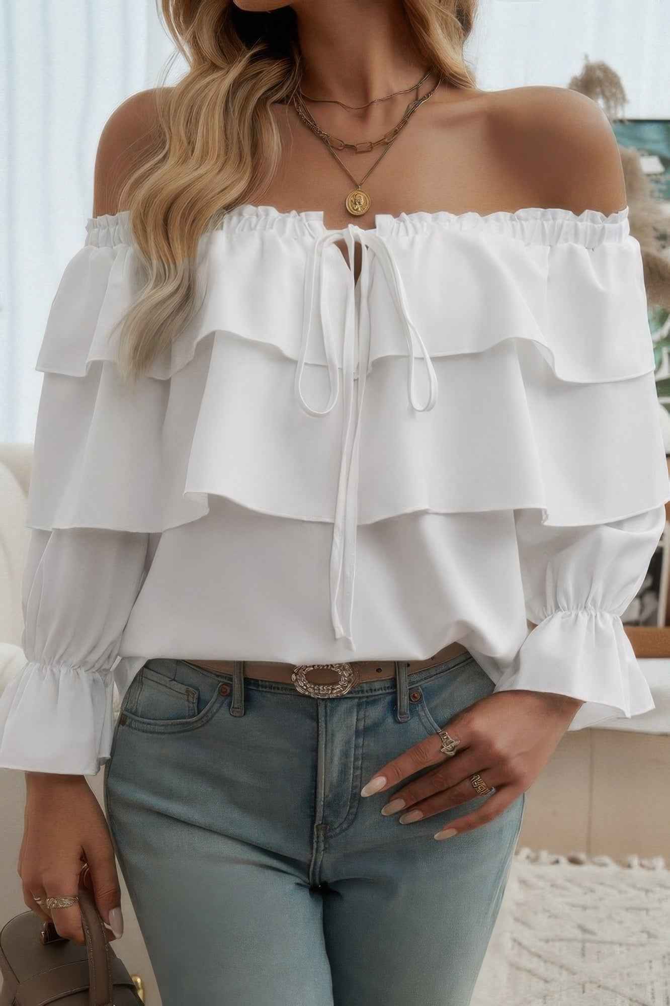 Tiered Ruffles Drawstring Ruched Neck Blouse
