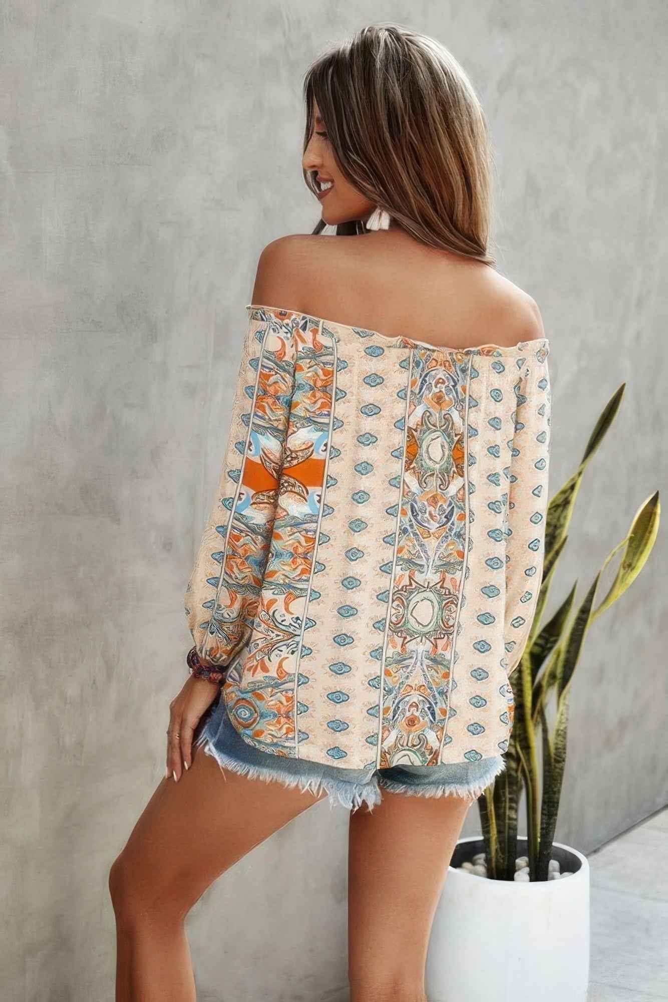 Boho Print Off Shoulder Long Sleeve Knot Front Blouse