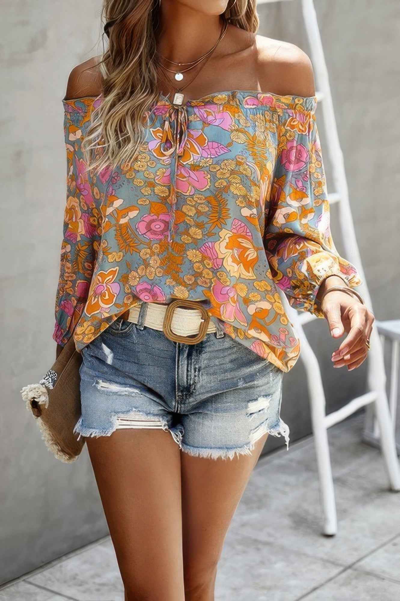 Boho Print Off Shoulder Long Sleeve Knot Front Blouse