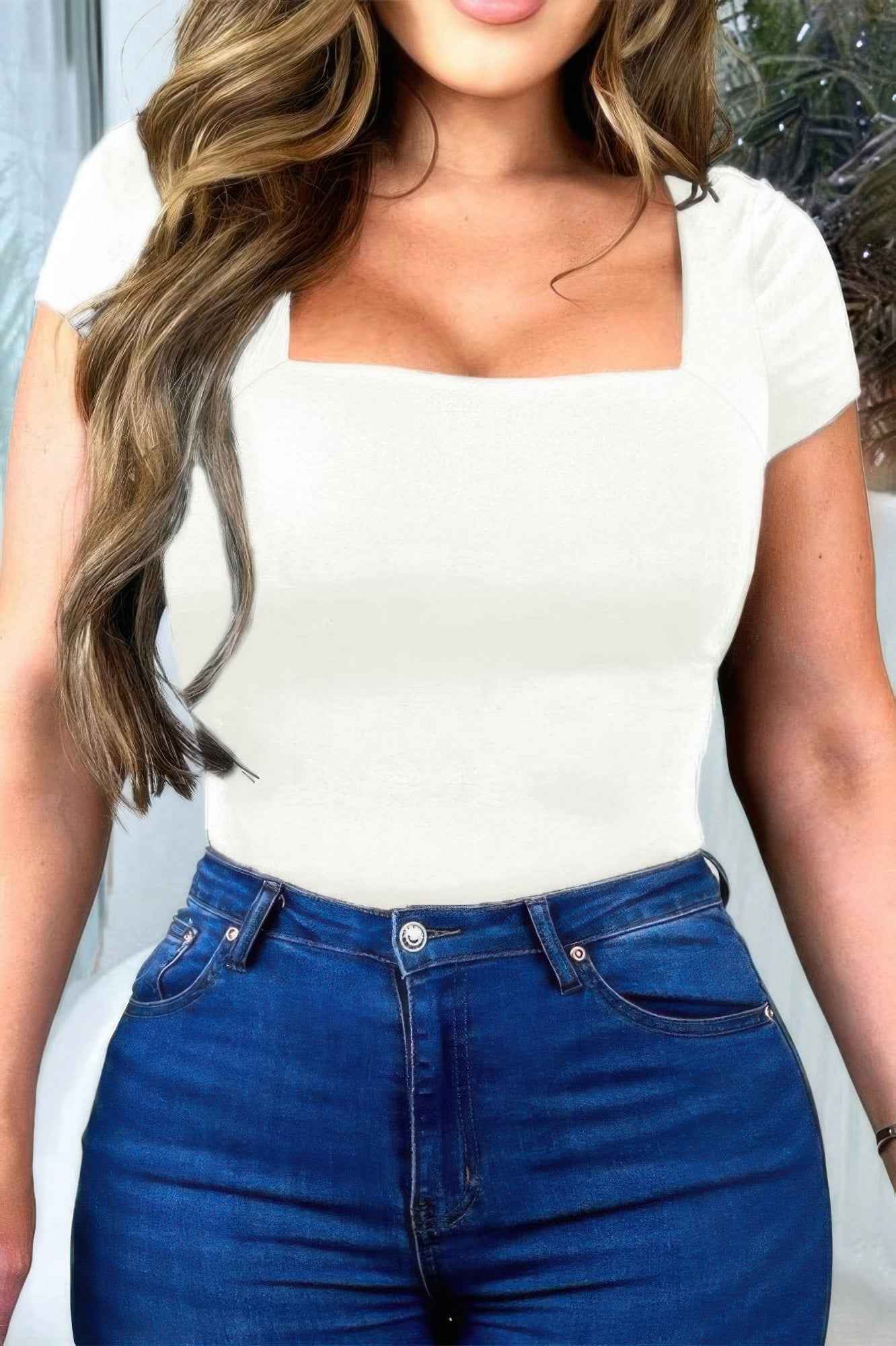 Square Neck Fit Elastic Short Sleeves Shirt