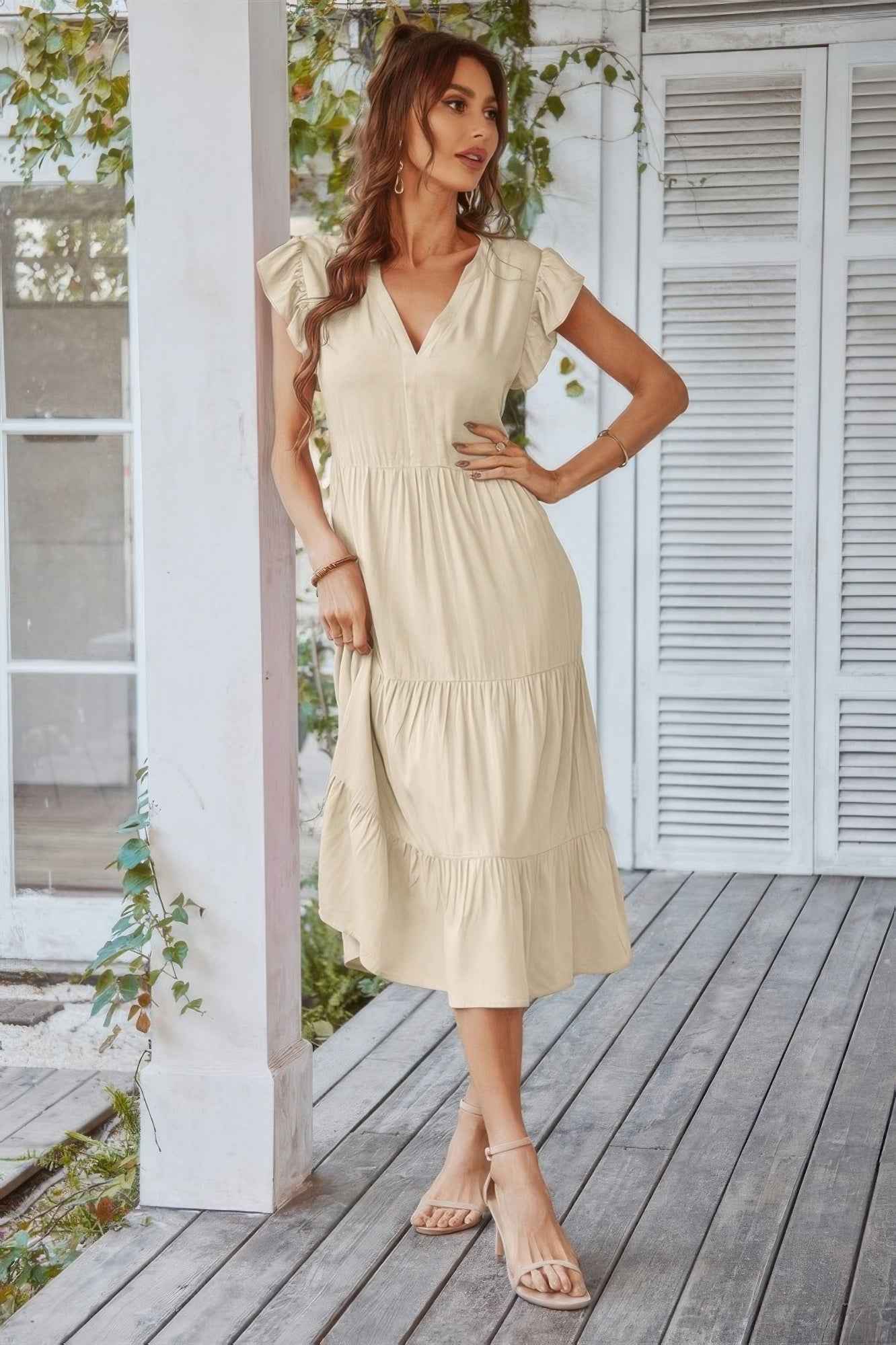 V Neck Flutter Sleeve Ruffle Hem Layered Dress