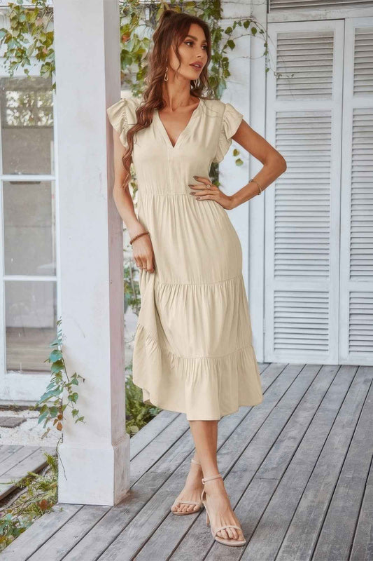 V Neck Flutter Sleeve Ruffle Hem Layered Dress