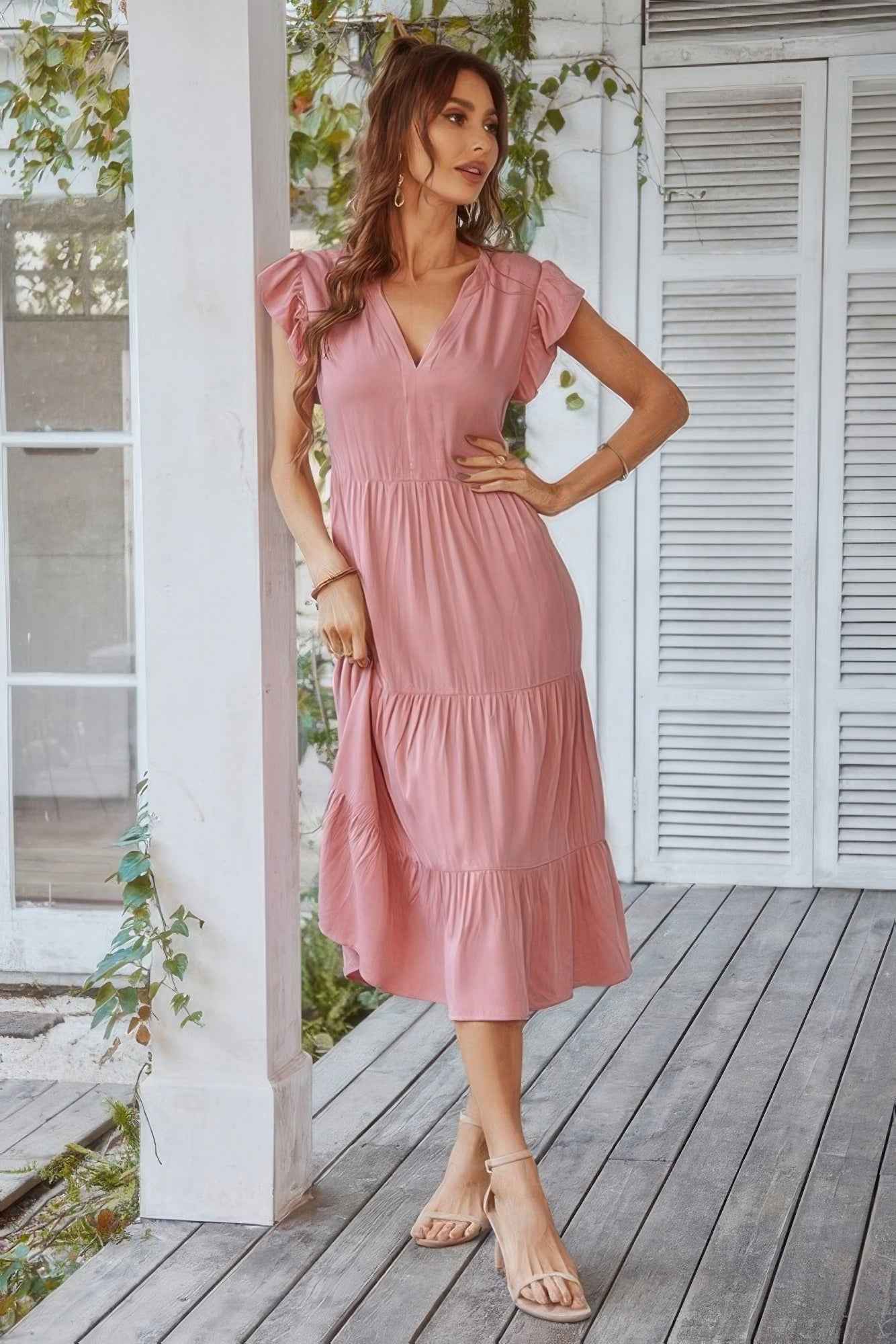 V Neck Flutter Sleeve Ruffle Hem Layered Dress