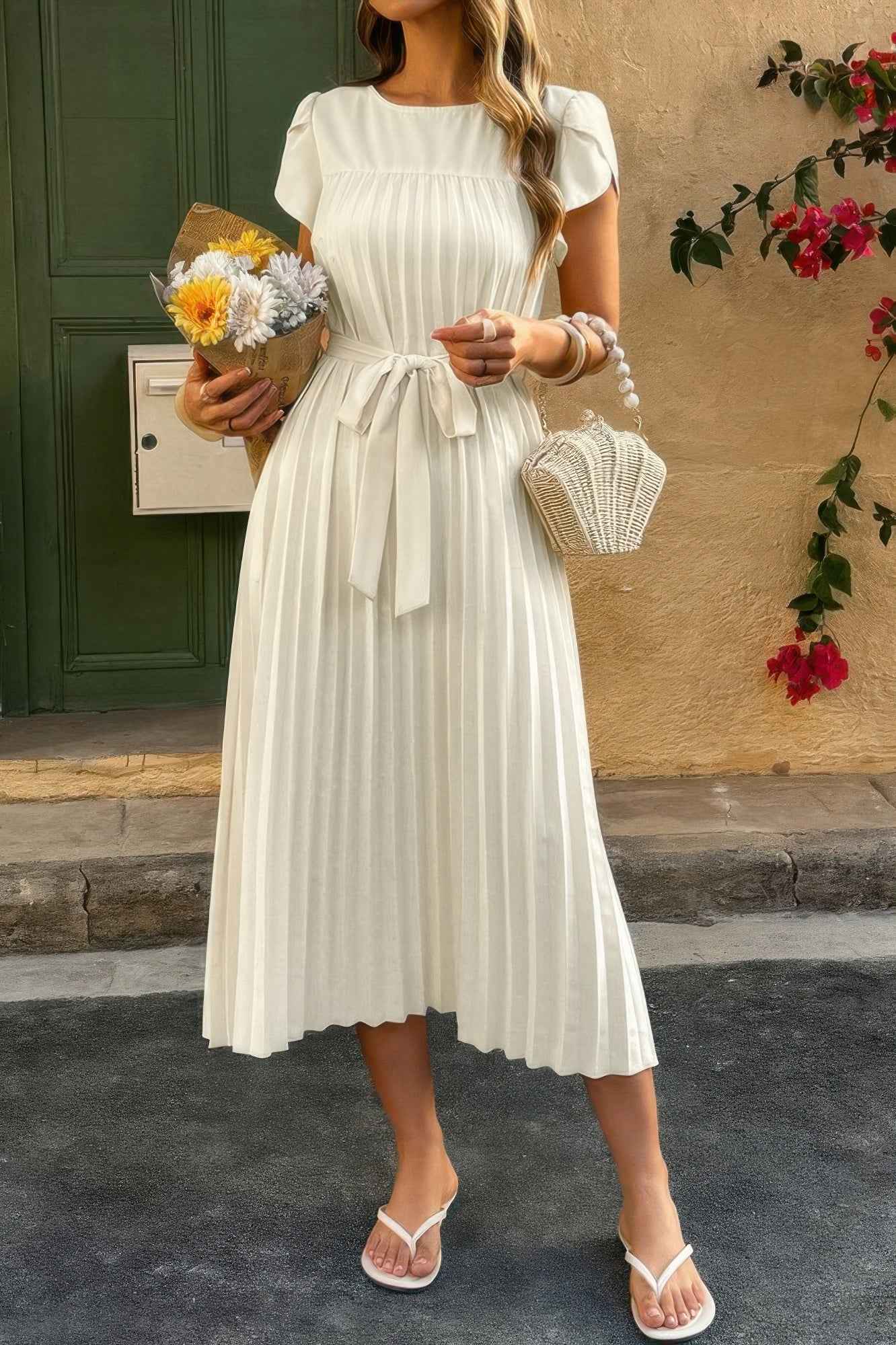 Solid Pleated Belt Short Puff Sleeves Fit Dress