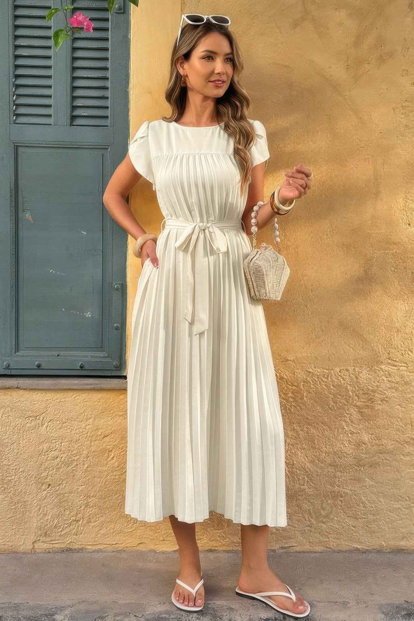 Solid Pleated Belt Short Puff Sleeves Fit Dress