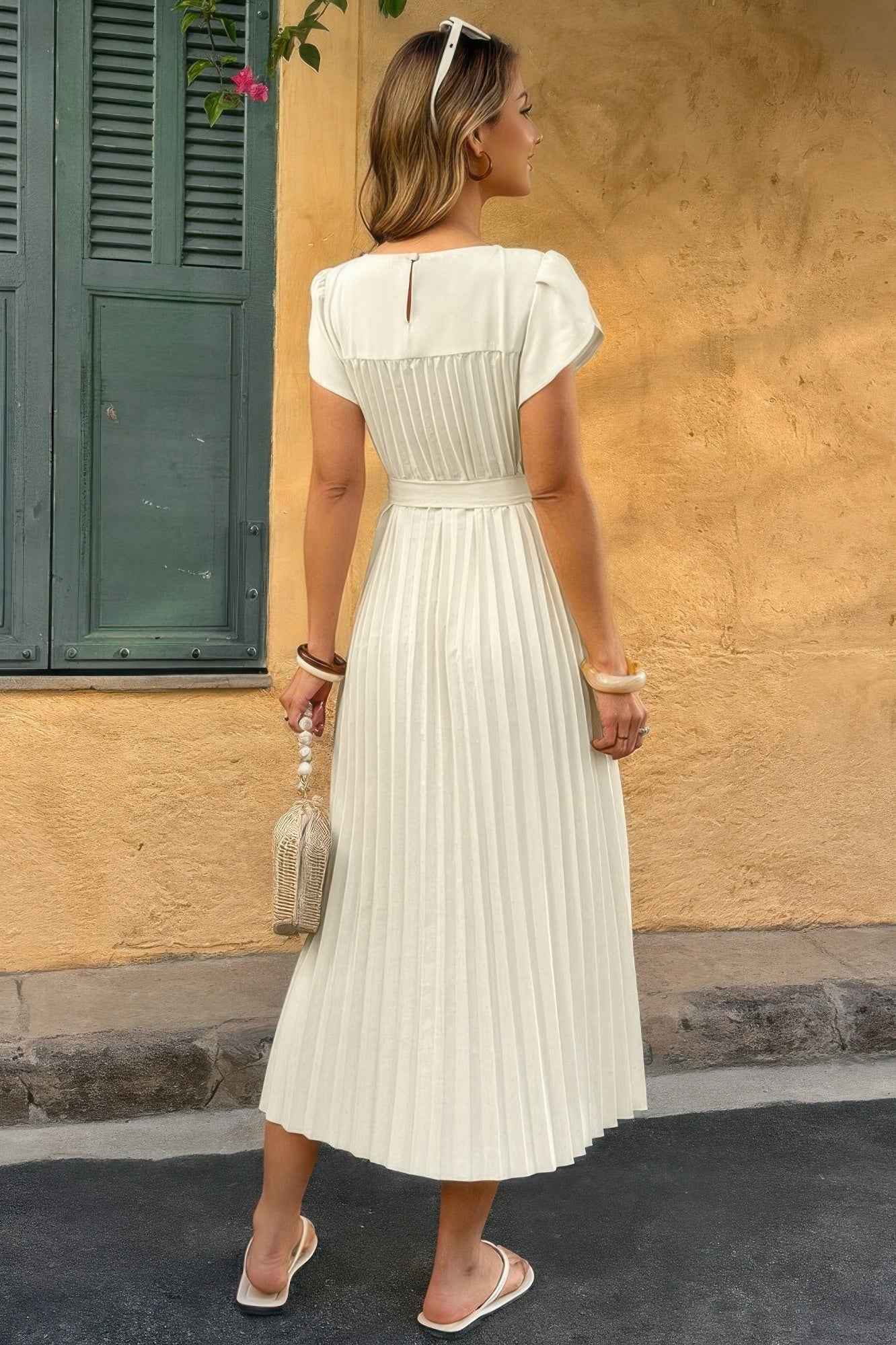 Solid Pleated Belt Short Puff Sleeves Fit Dress