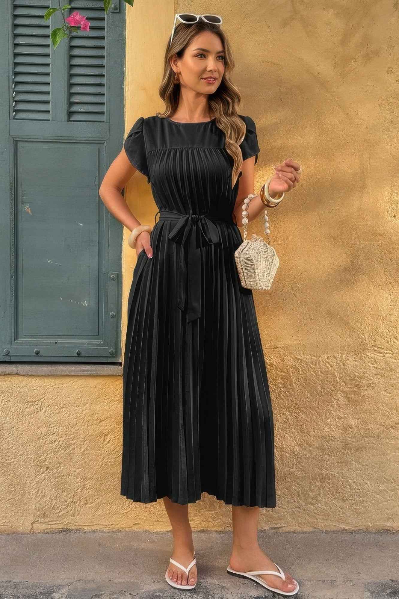 Solid Pleated Belt Short Puff Sleeves Fit Dress