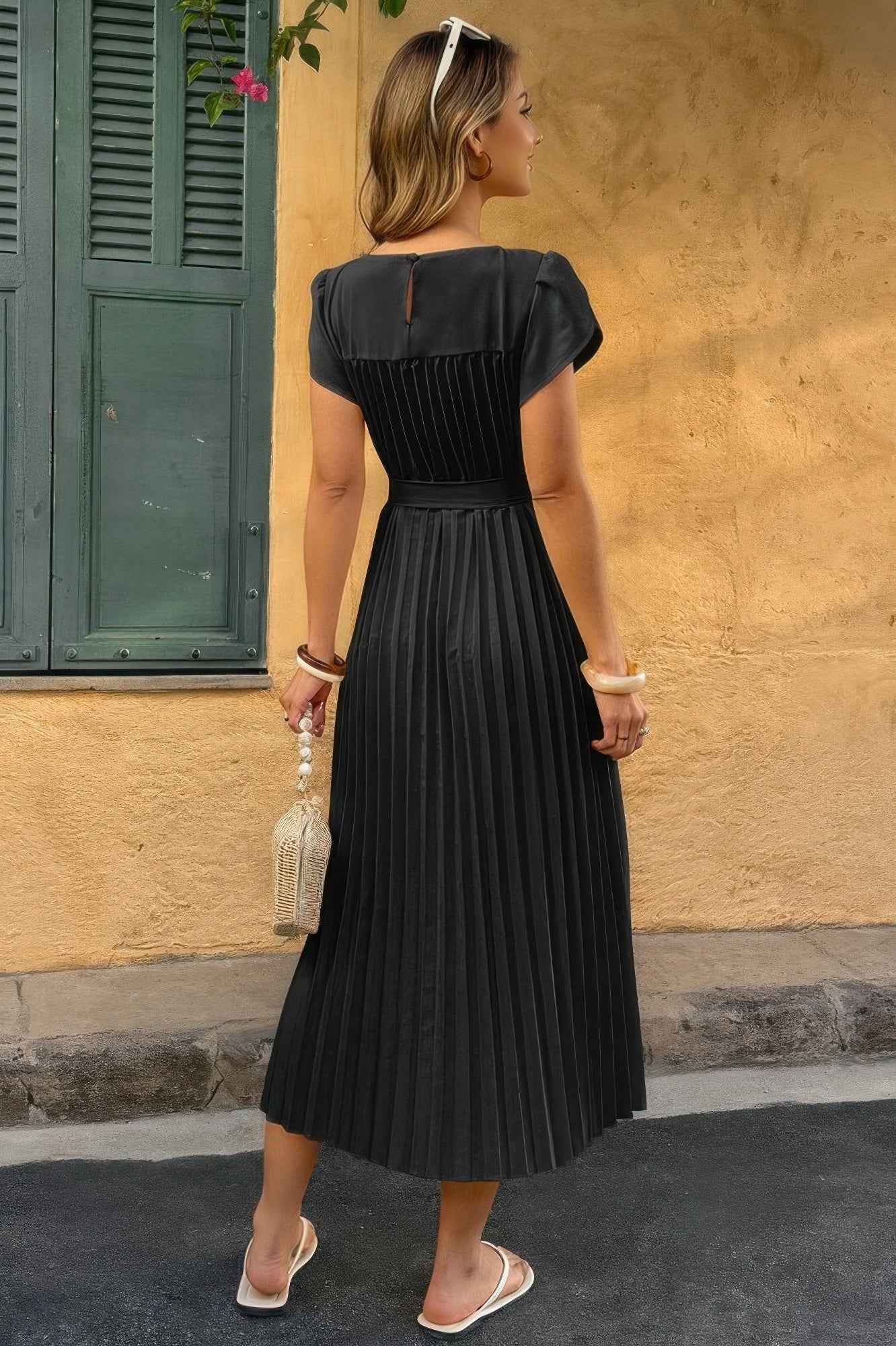 Solid Pleated Belt Short Puff Sleeves Fit Dress