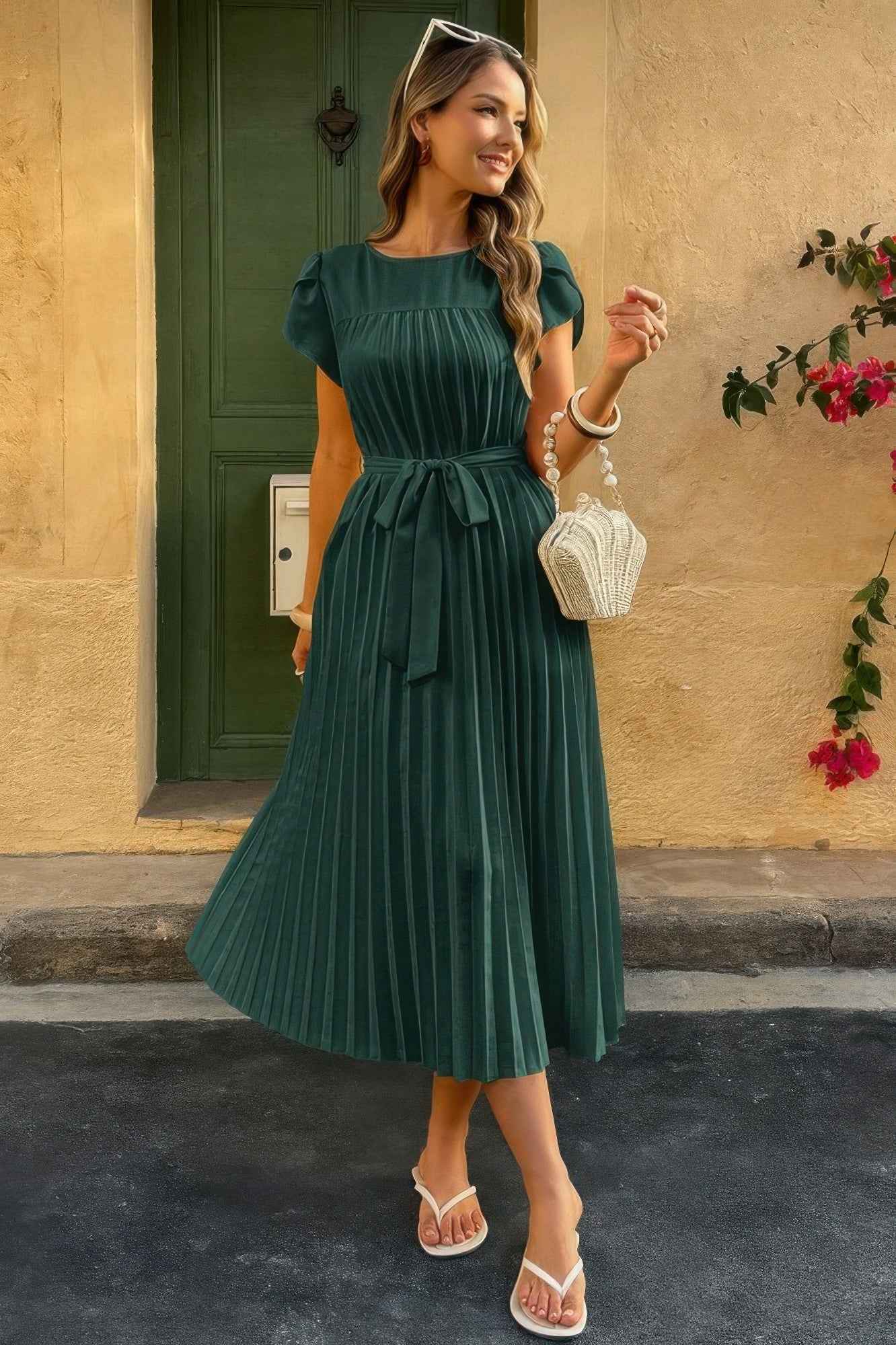 Solid Pleated Belt Short Puff Sleeves Fit Dress