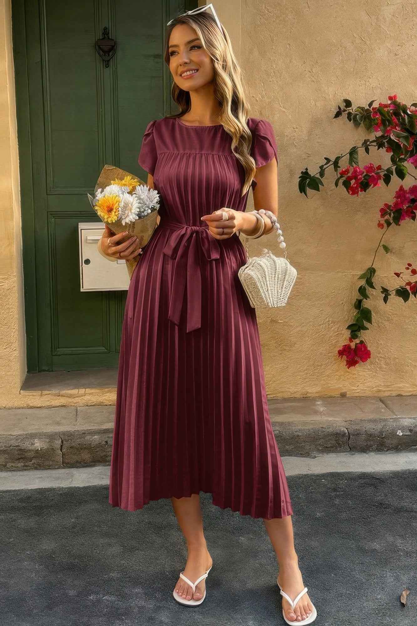 Solid Pleated Belt Short Puff Sleeves Fit Dress