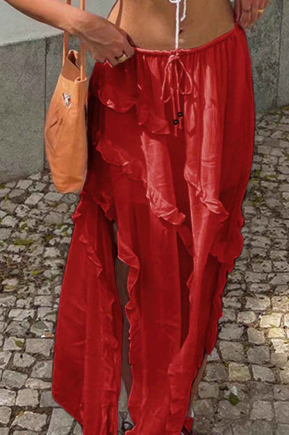 Solid Ruffle Drawstring Waist Asymmetry Hem Skirt